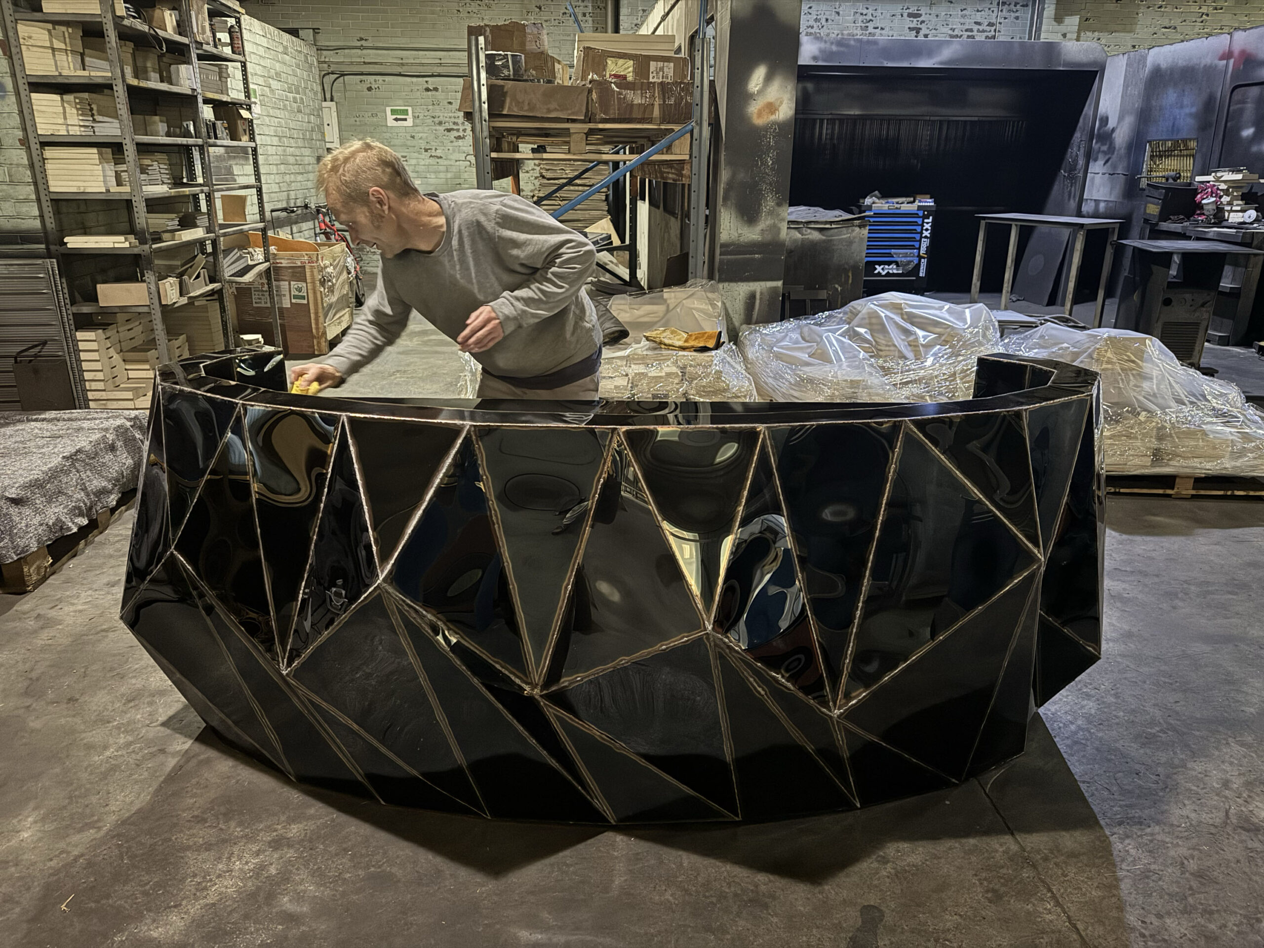 Rough Split Reception Desk in Mirror Polished Stainless Steel by Julian Mayor 5