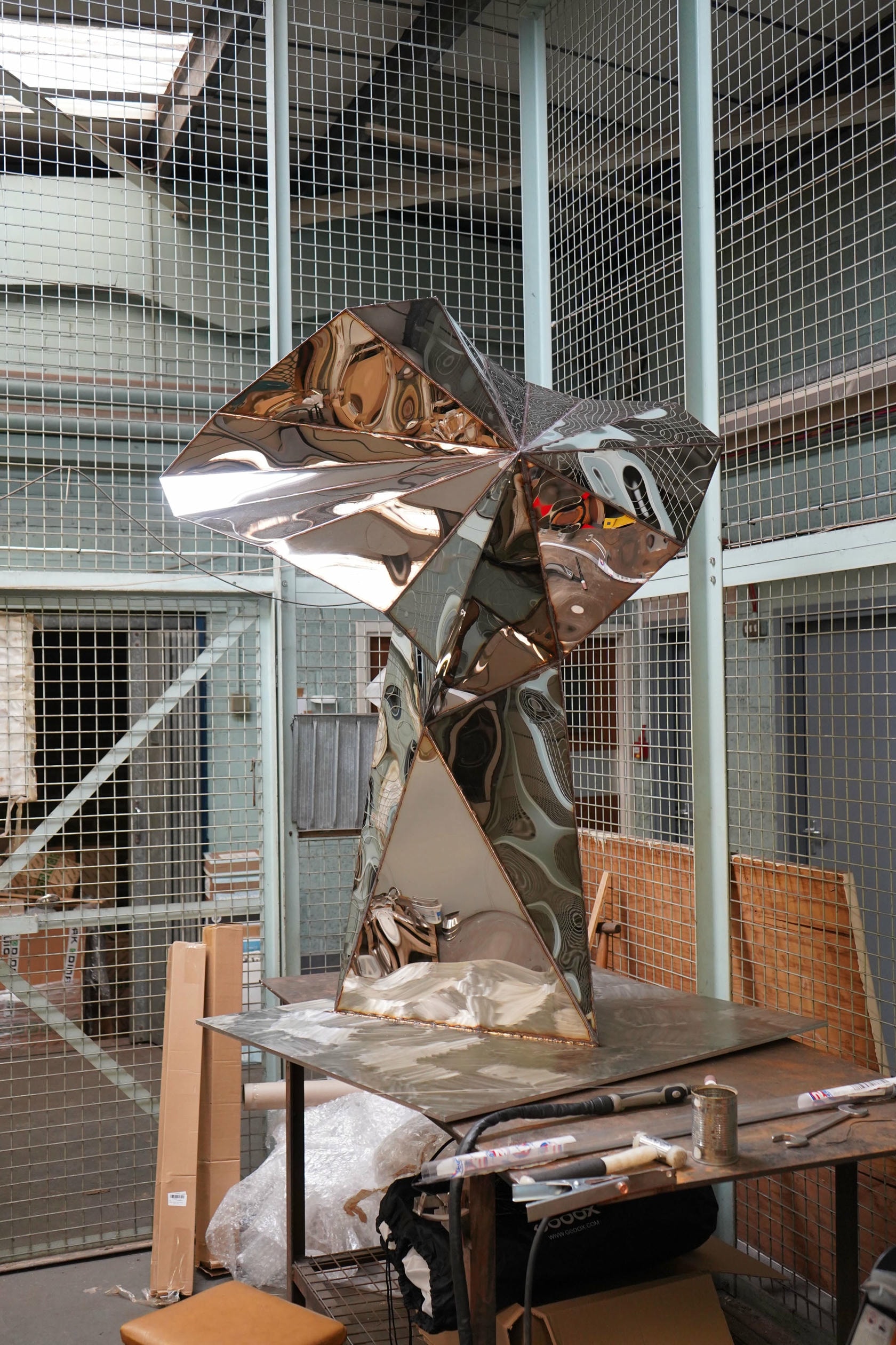 Transmission Sculpture in Welded Mirror Polished Stainless Steel by Julian Mayor 7