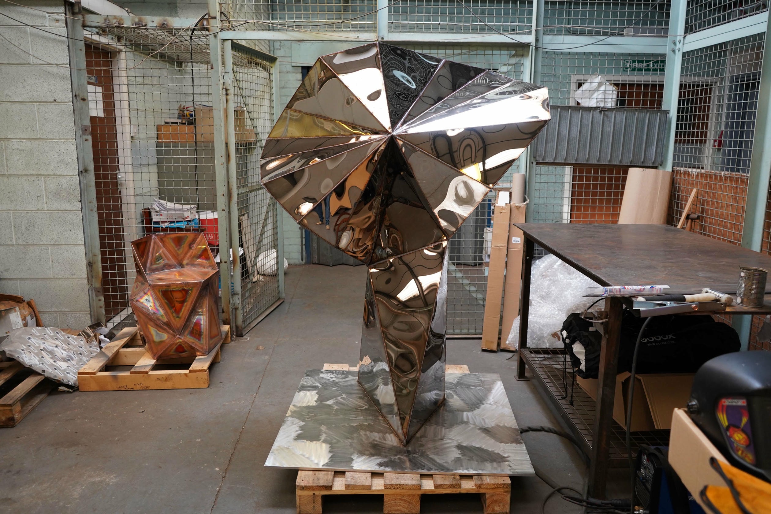 Transmission Sculpture in Welded Mirror Polished Stainless Steel by Julian Mayor 8