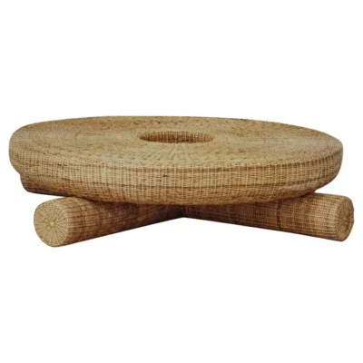 Round Low Coffee Table in Colombian Woven Yaré Natural Fiber by Fango Studio