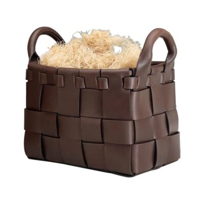 Castagno Large Leather Hand-Woven Decorative Basket by Oscar Maschera