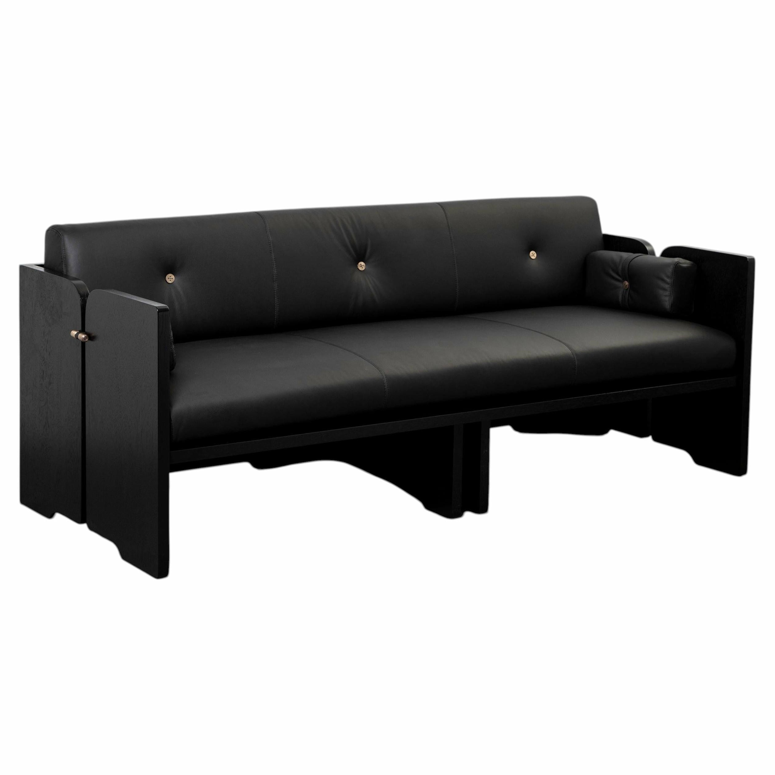Perfidia 3 Seater Sofa in Ébano Wood, Leather & Aged Brass by Estudio Andean 1