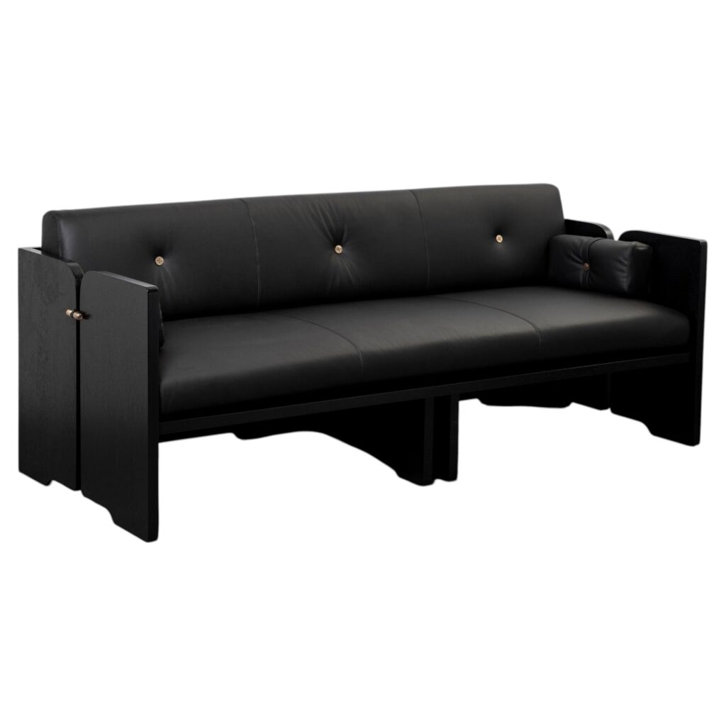 Perfidia 3 Seater Sofa in Ébano Wood, Leather & Aged Brass by Estudio Andean 1