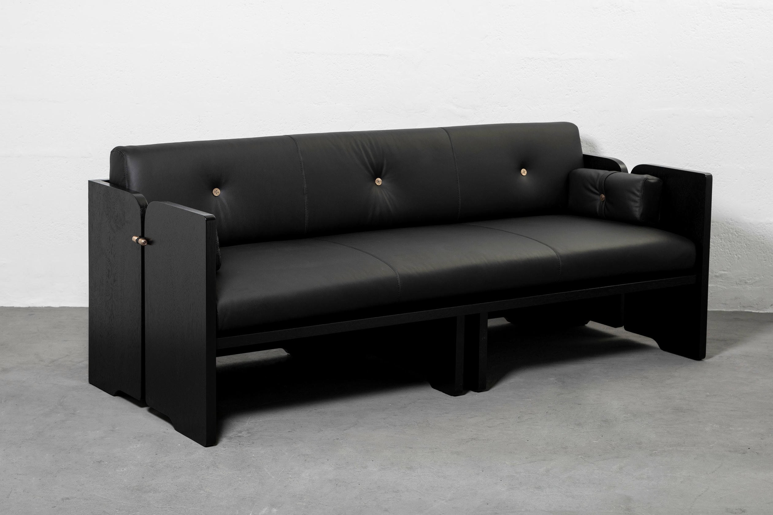 Perfidia 3 Seater Sofa in Ébano Wood, Leather & Aged Brass by Estudio Andean 17
