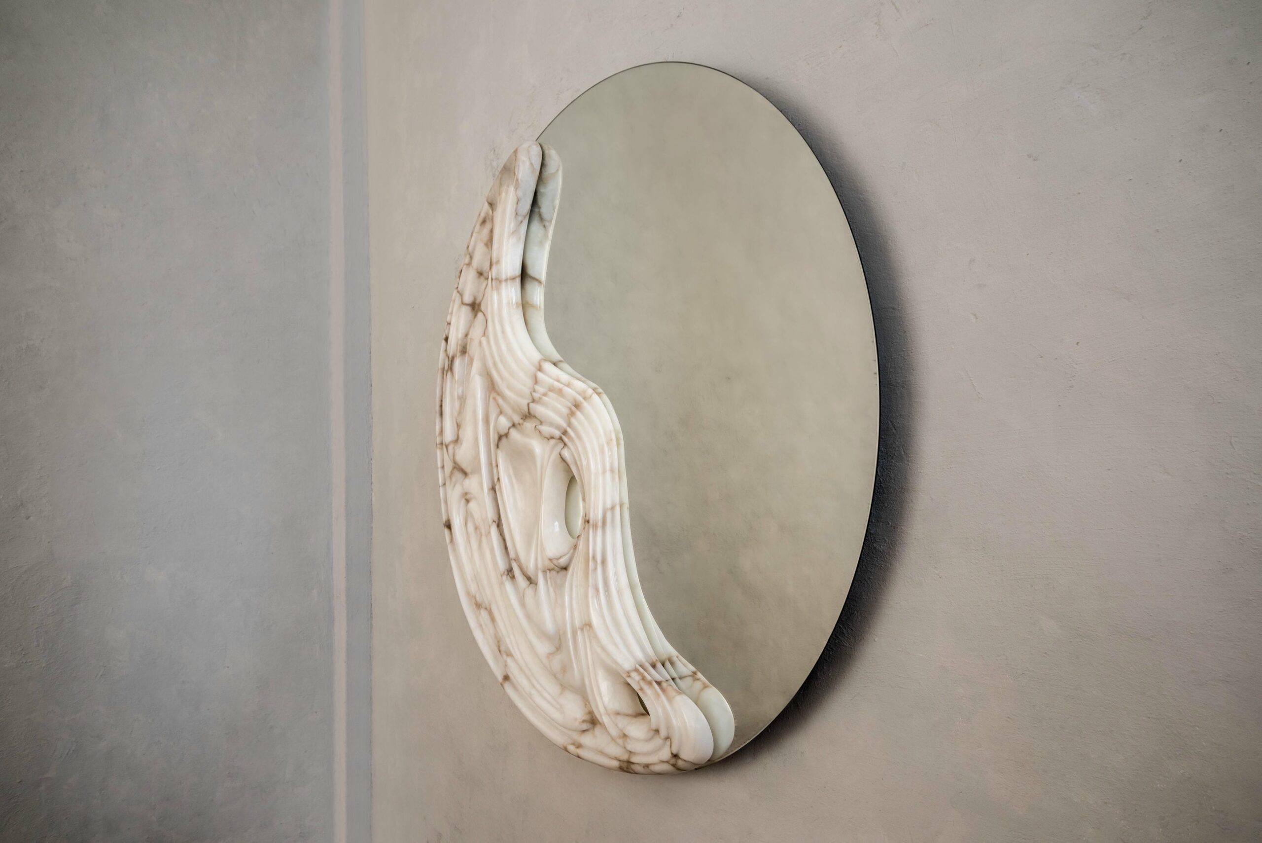 Fossil Moon Large Wall Mirror in Alabaster & Glass Mirror by Amarist Studio 11