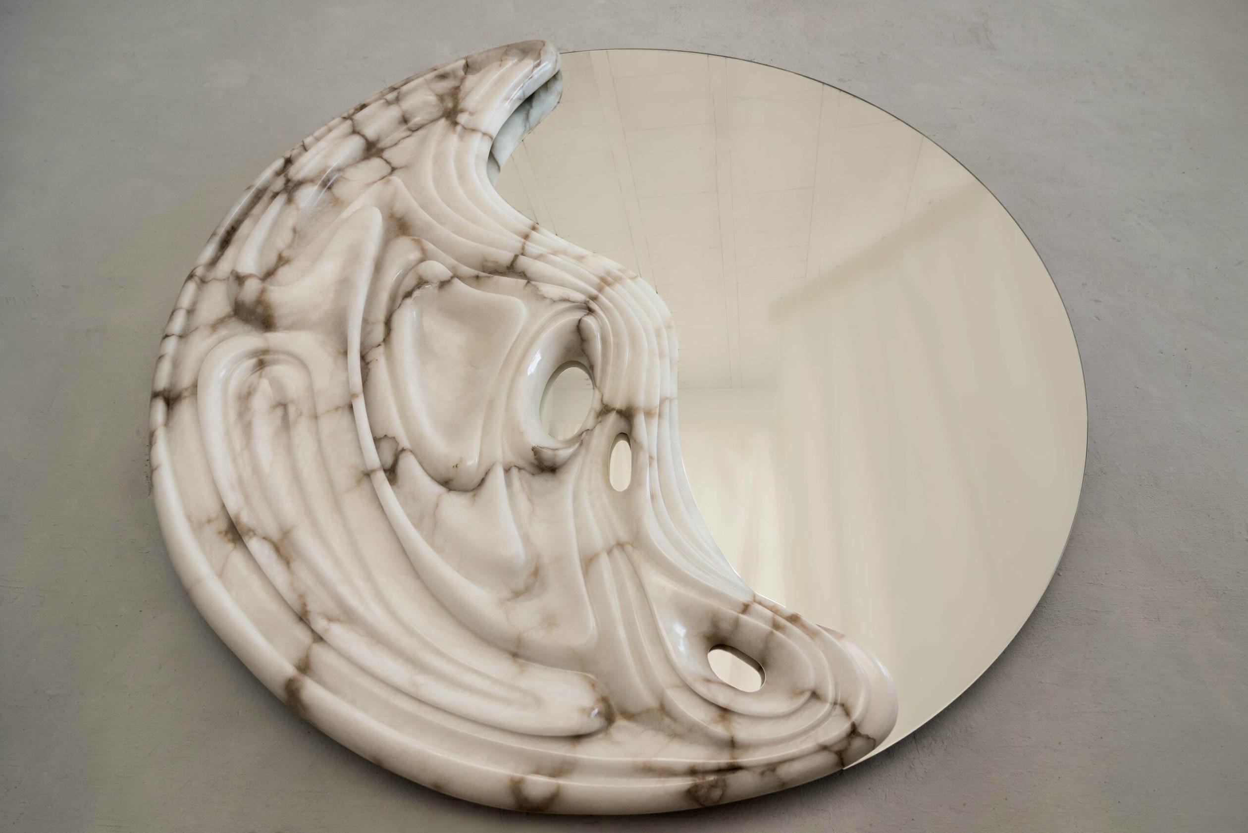 Fossil Moon Large Wall Mirror in Alabaster & Glass Mirror by Amarist Studio 12
