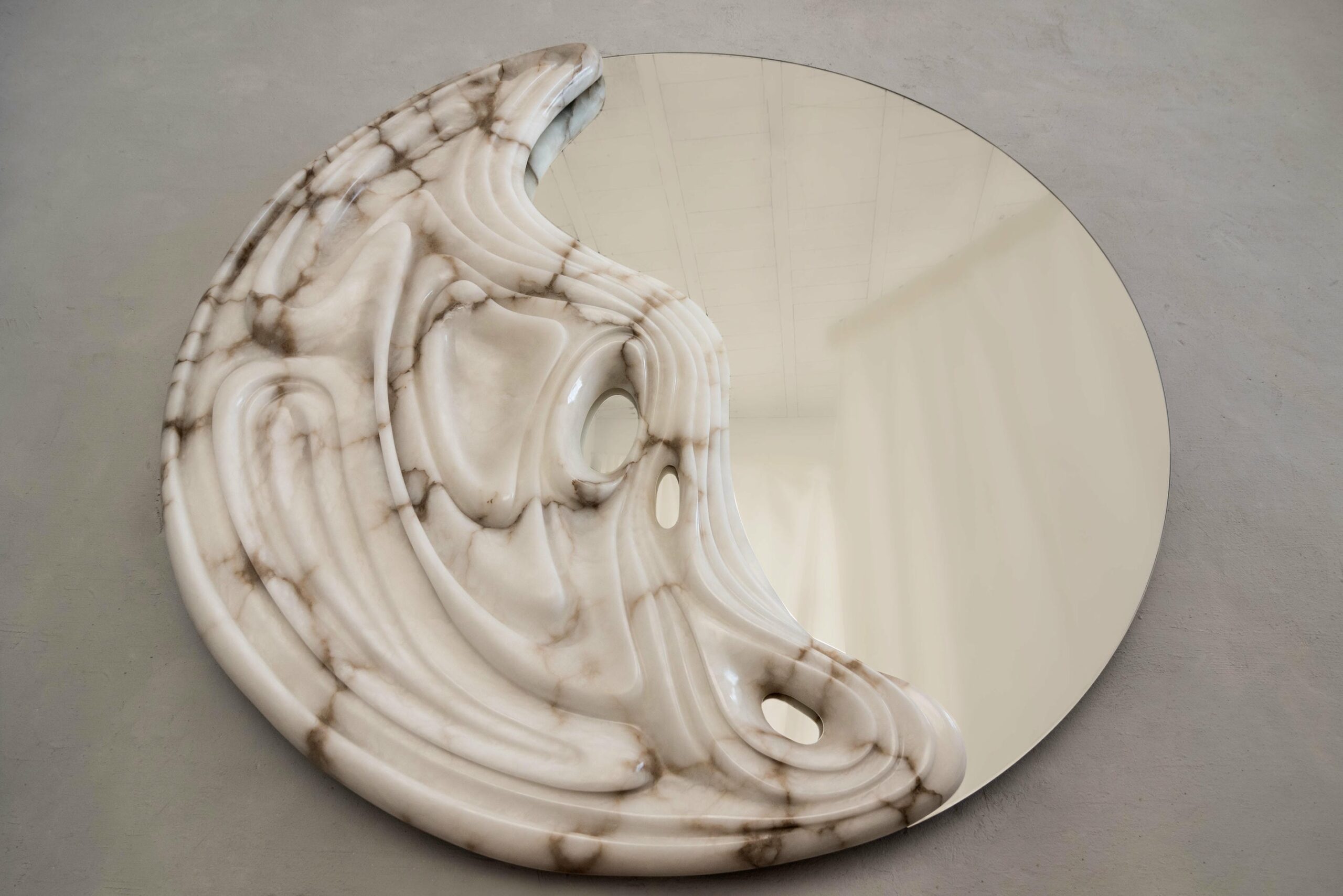 Fossil Moon Large Wall Mirror in Alabaster & Glass Mirror by Amarist Studio 12