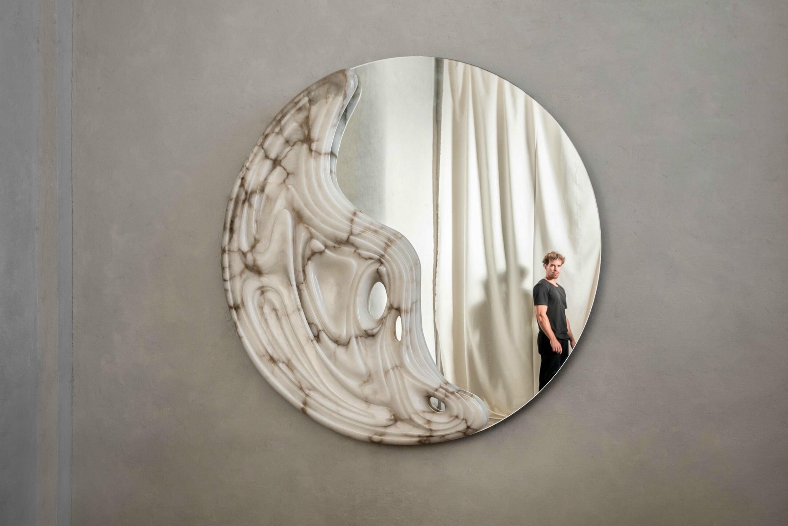 Fossil Moon Large Wall Mirror in Alabaster & Glass Mirror by Amarist Studio 13