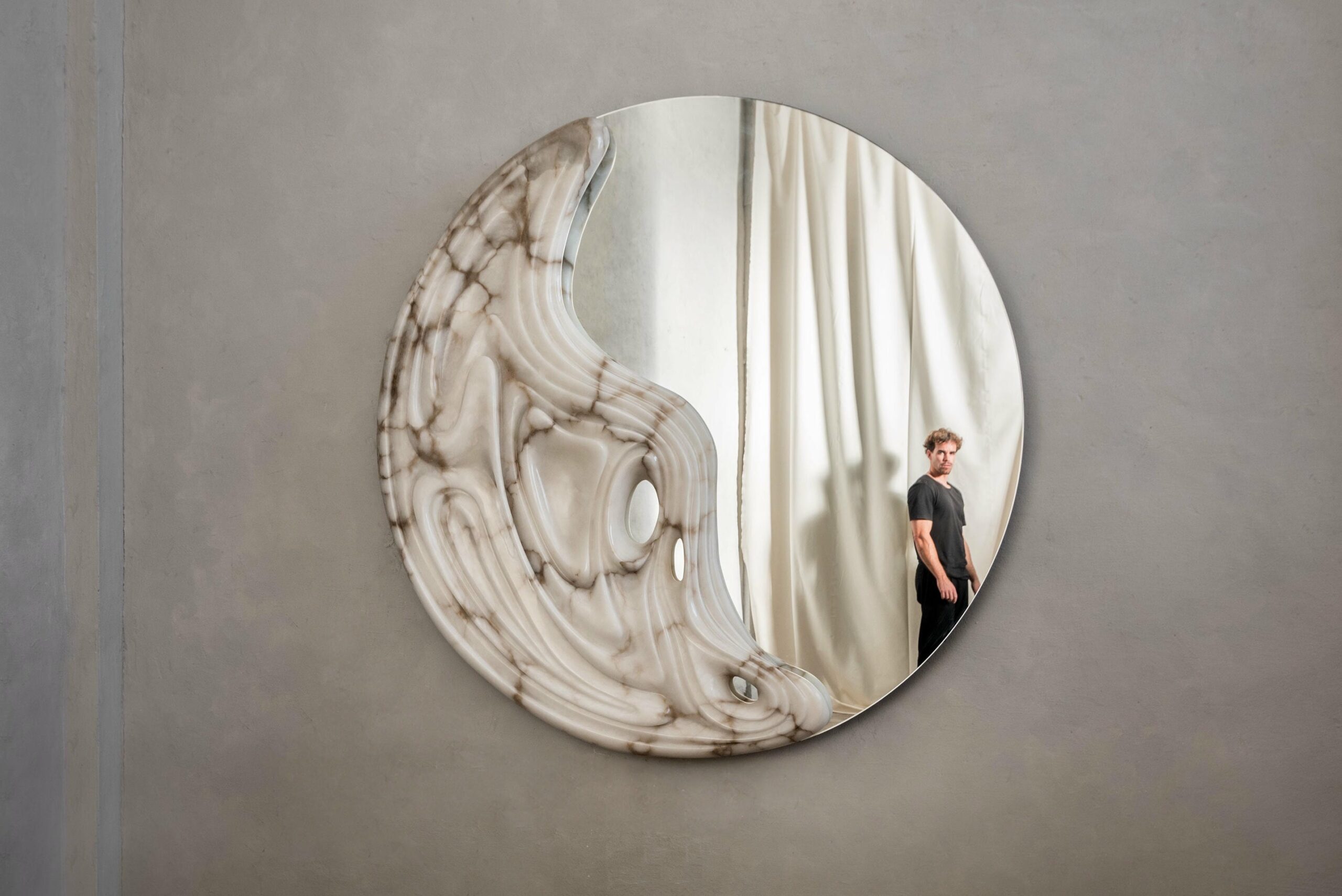 Fossil Moon Large Wall Mirror in Alabaster & Glass Mirror by Amarist Studio 13