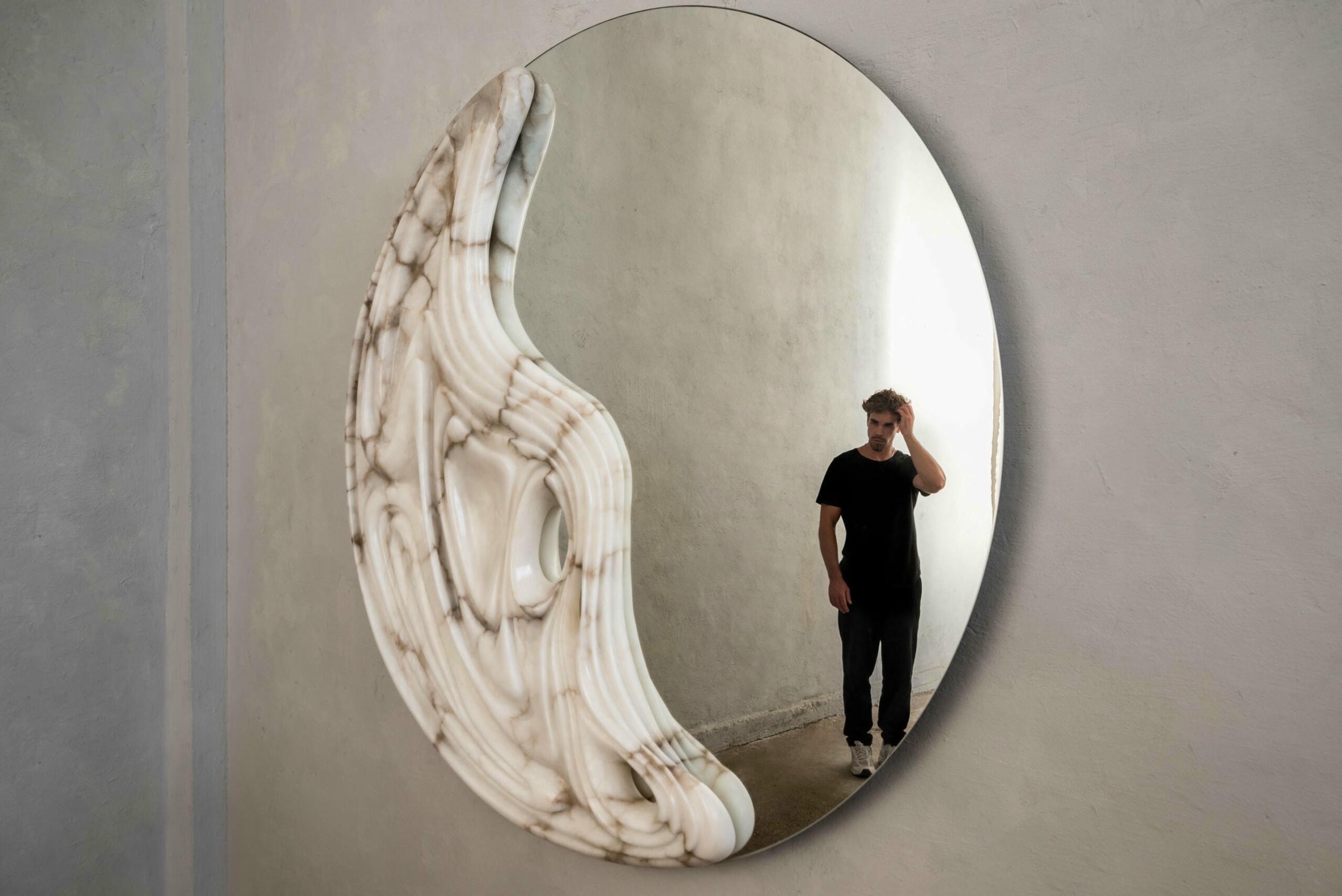 Fossil Moon Large Wall Mirror in Alabaster & Glass Mirror by Amarist Studio 14