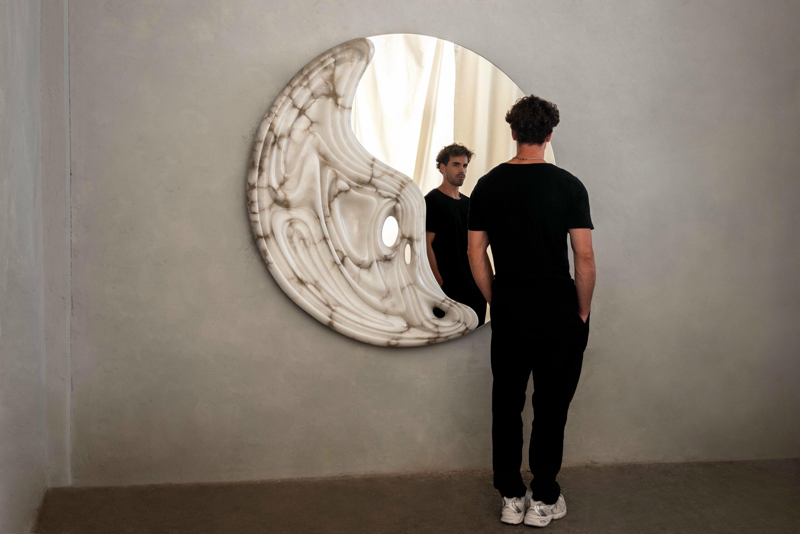 Fossil Moon Large Wall Mirror in Alabaster & Glass Mirror by Amarist Studio 14