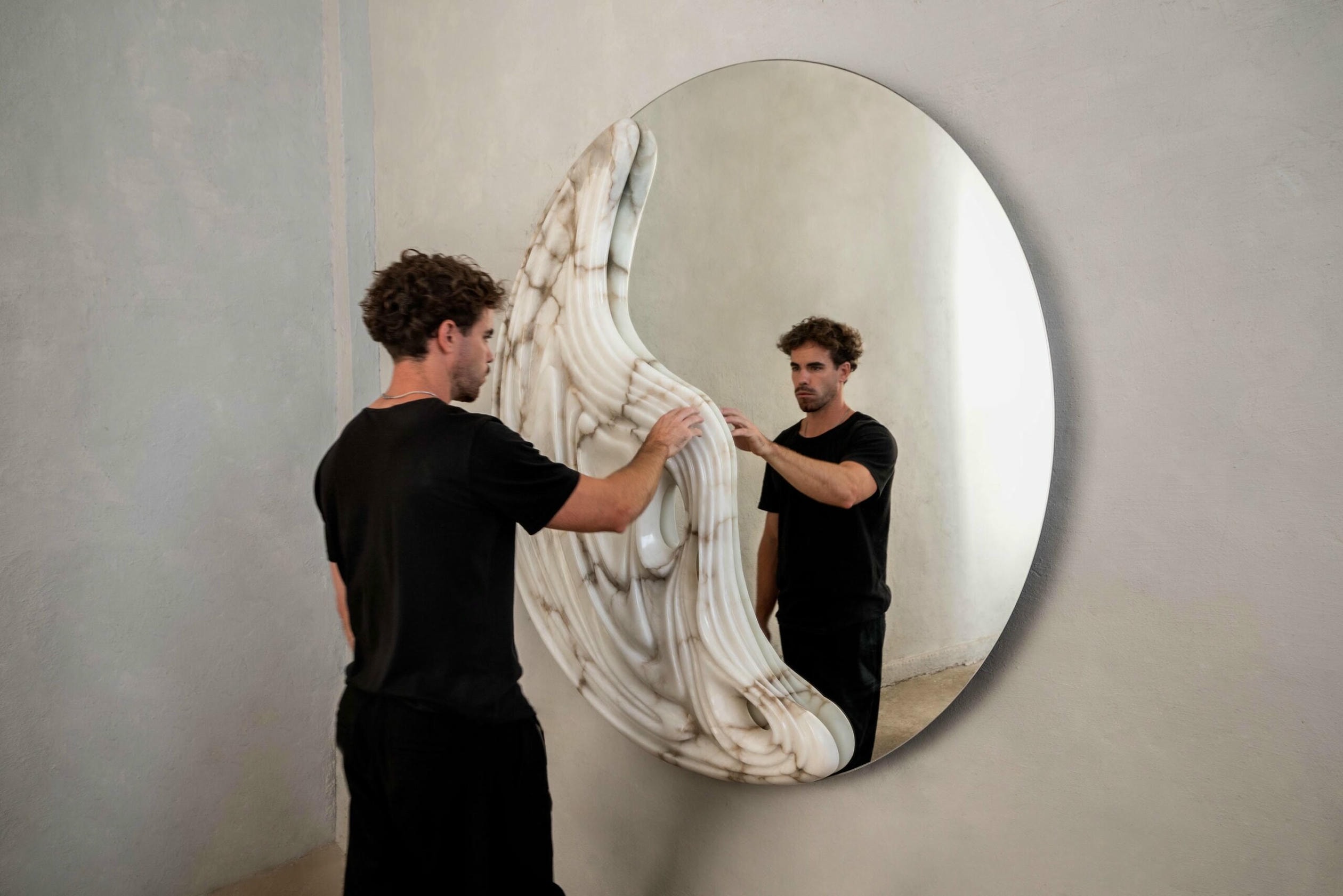 Fossil Moon Large Wall Mirror in Alabaster & Glass Mirror by Amarist Studio 15