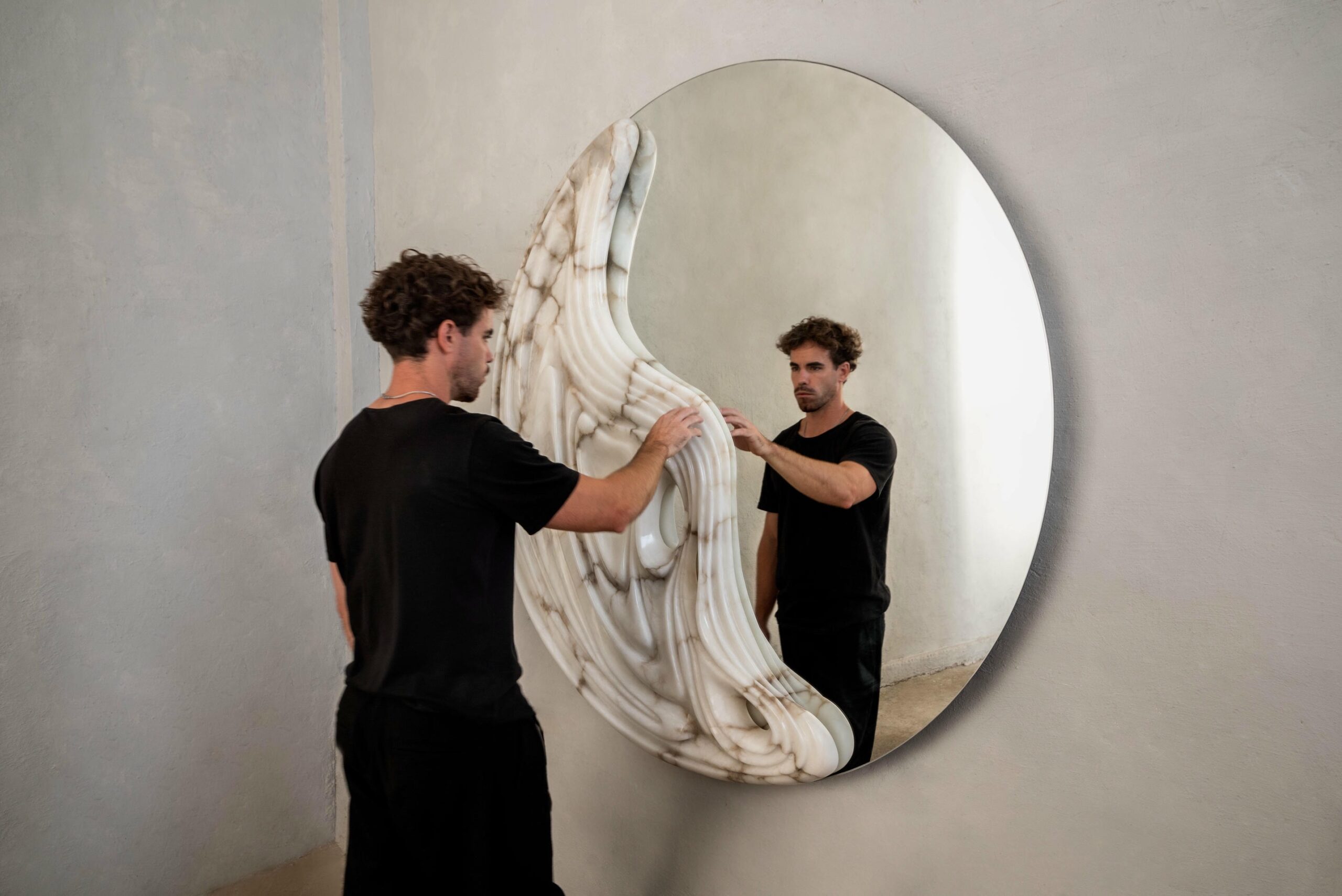 Fossil Moon Large Wall Mirror in Alabaster & Glass Mirror by Amarist Studio 16