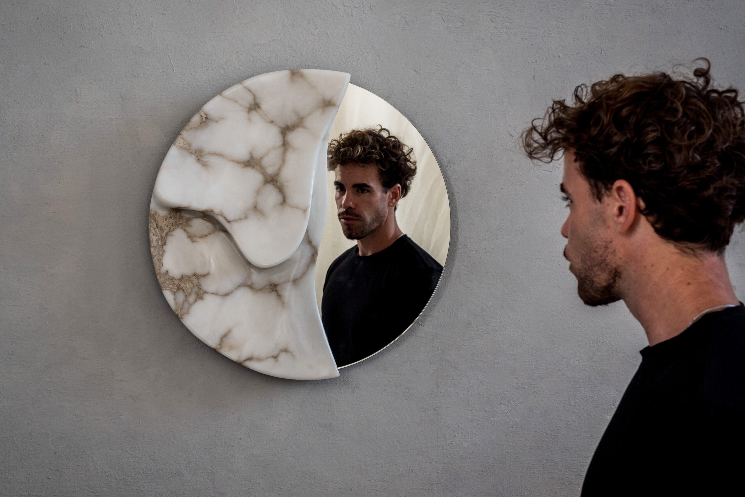 Fossil Moon Wall Mirror I in Alabaster & Glass Mirror by Amarist Studio 11