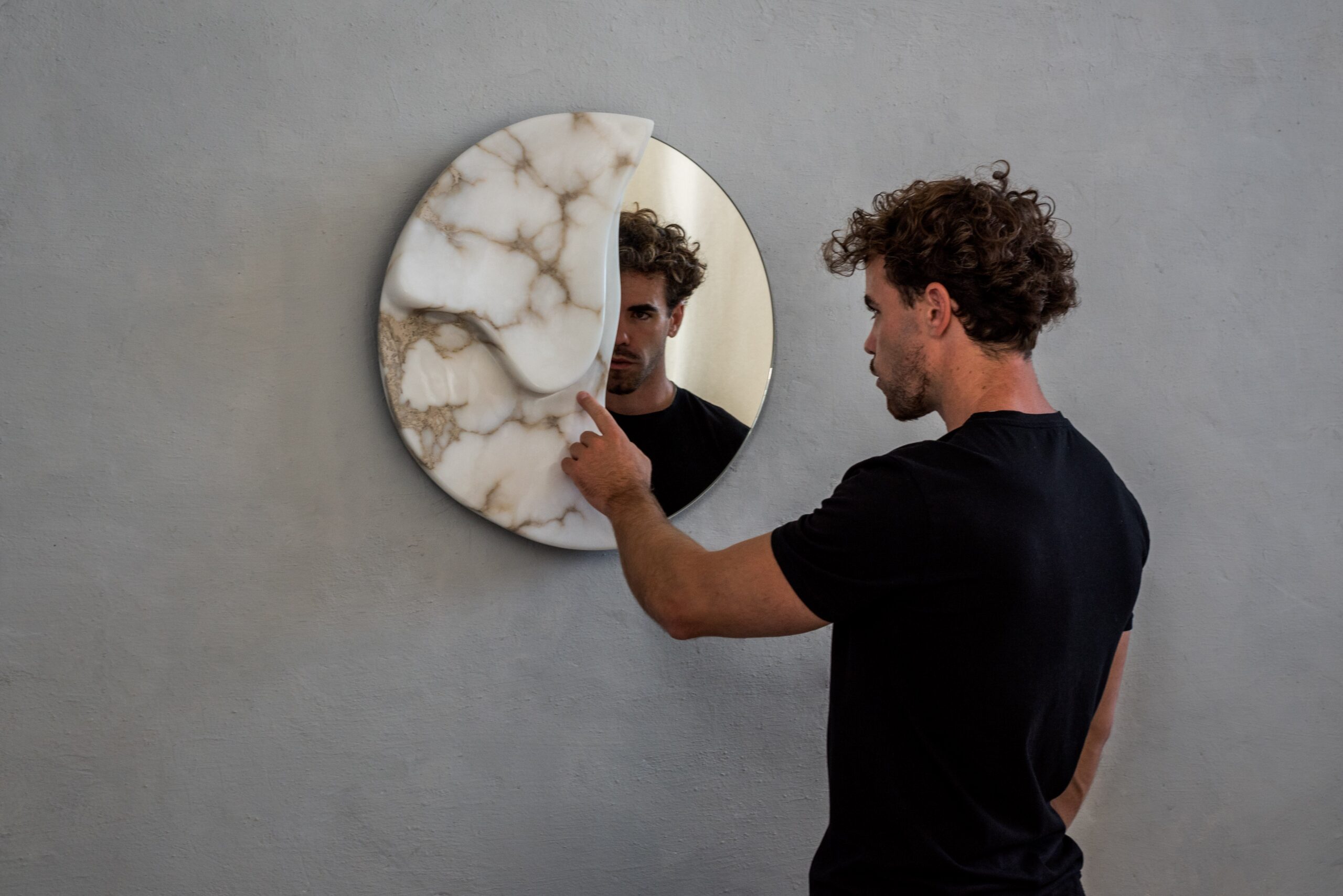 Fossil Moon Wall Mirror I in Alabaster & Glass Mirror by Amarist Studio 12