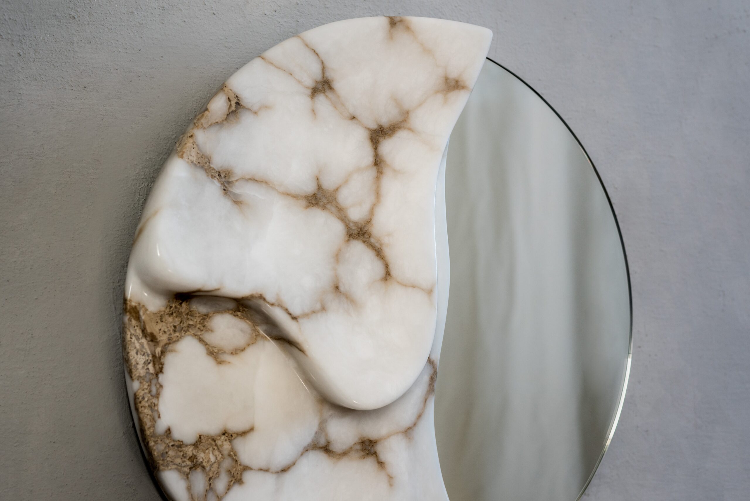 Fossil Moon Wall Mirror I in Alabaster & Glass Mirror by Amarist Studio 7