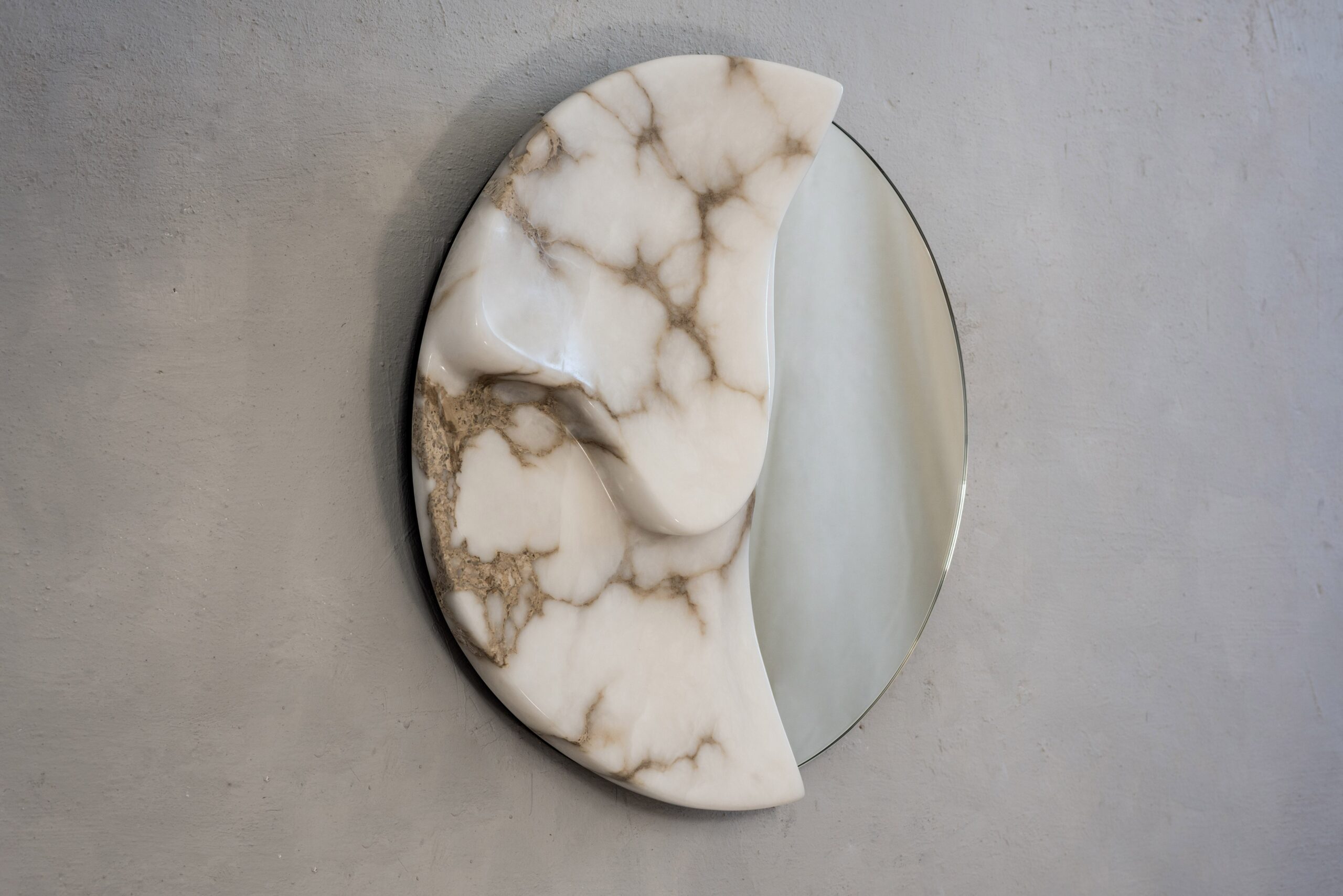 Fossil Moon Wall Mirror I in Alabaster & Glass Mirror by Amarist Studio 9