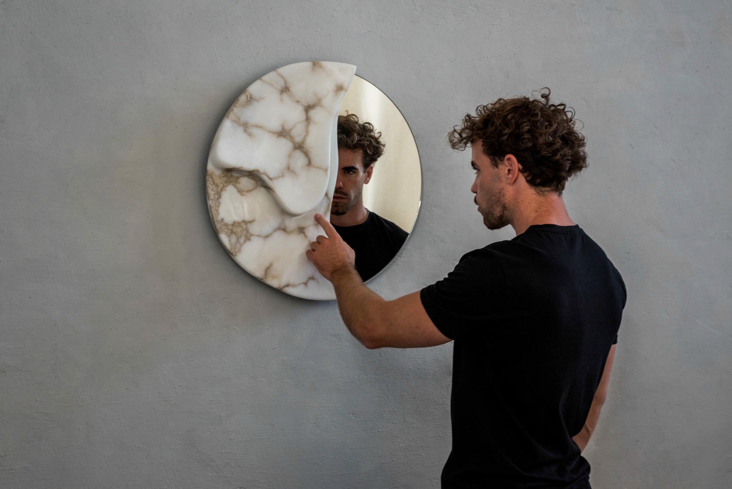 Fossil Moon Wall Mirror I in Alabaster & Glass Mirror by Amarist Studio 12