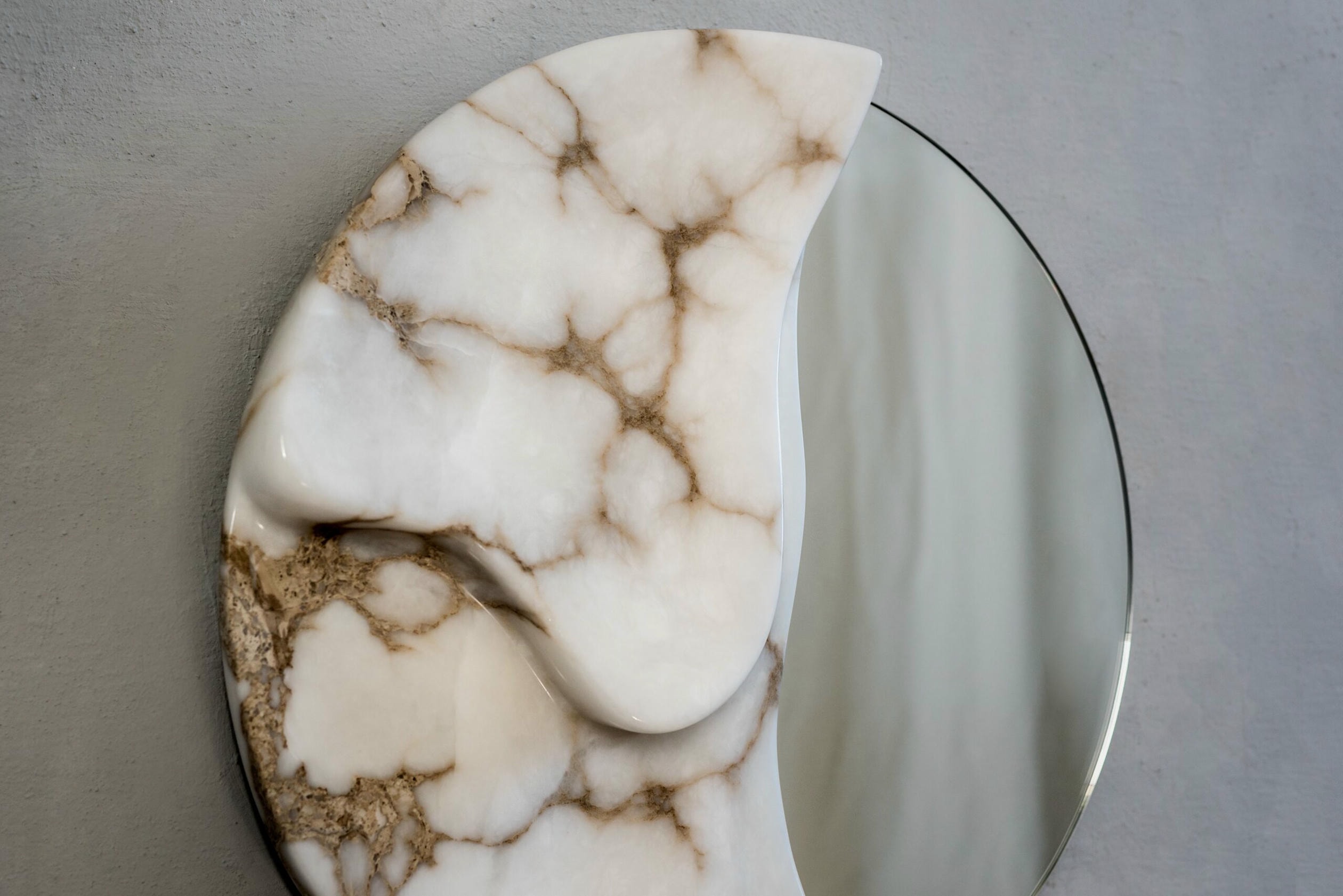 Fossil Moon Wall Mirror I in Alabaster & Glass Mirror by Amarist Studio 7