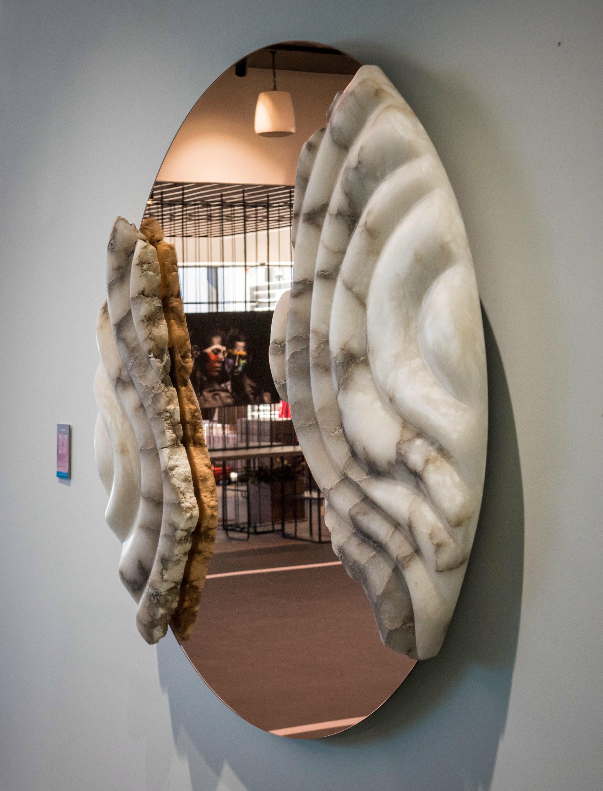Fossil Moon XXV Wall Mirror in Alabaster & Rose Glass Mirror by Amarist Studio 13