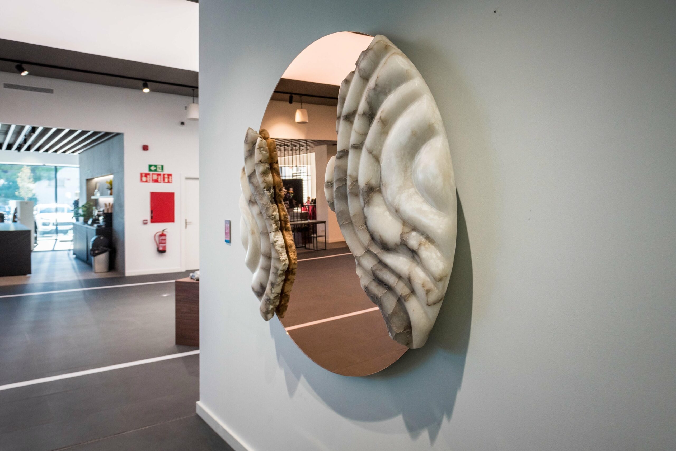 Fossil Moon XXV Wall Mirror in Alabaster & Rose Glass Mirror by Amarist Studio 14