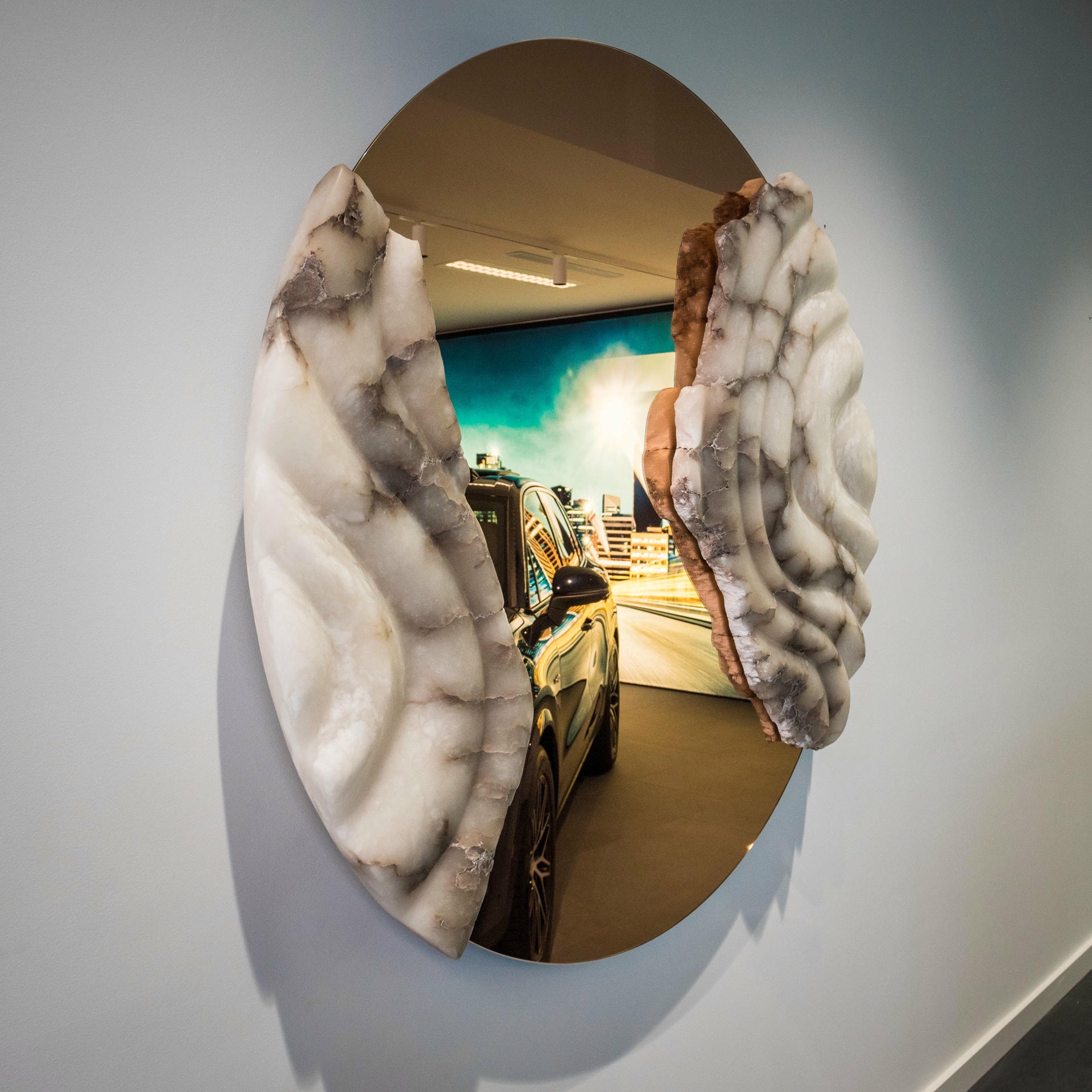Fossil Moon XXV Wall Mirror in Alabaster & Rose Glass Mirror by Amarist Studio 15