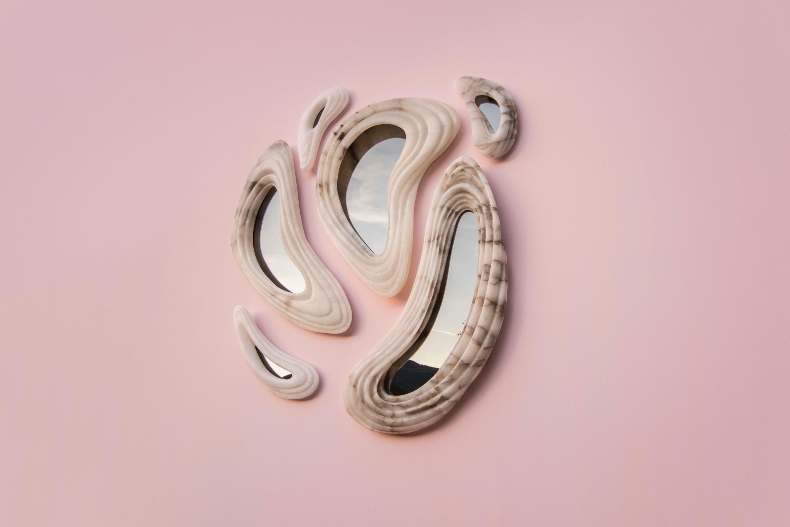Set Of 6 Aqua Fossil Wall Mirrors in Alabaster & Glass Mirror by Amarist Studio 13