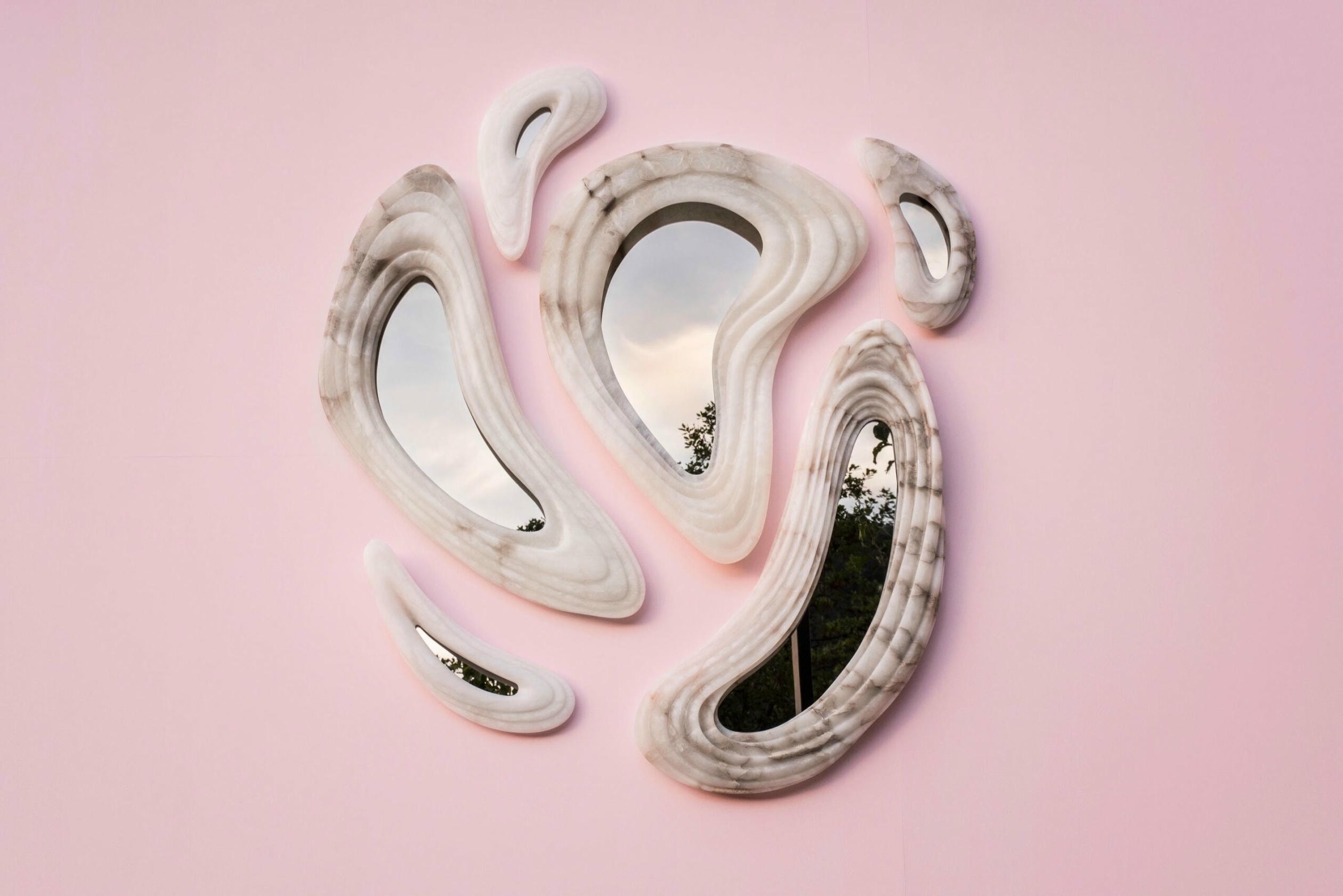 Set Of 6 Aqua Fossil Wall Mirrors in Alabaster & Glass Mirror by Amarist Studio 2