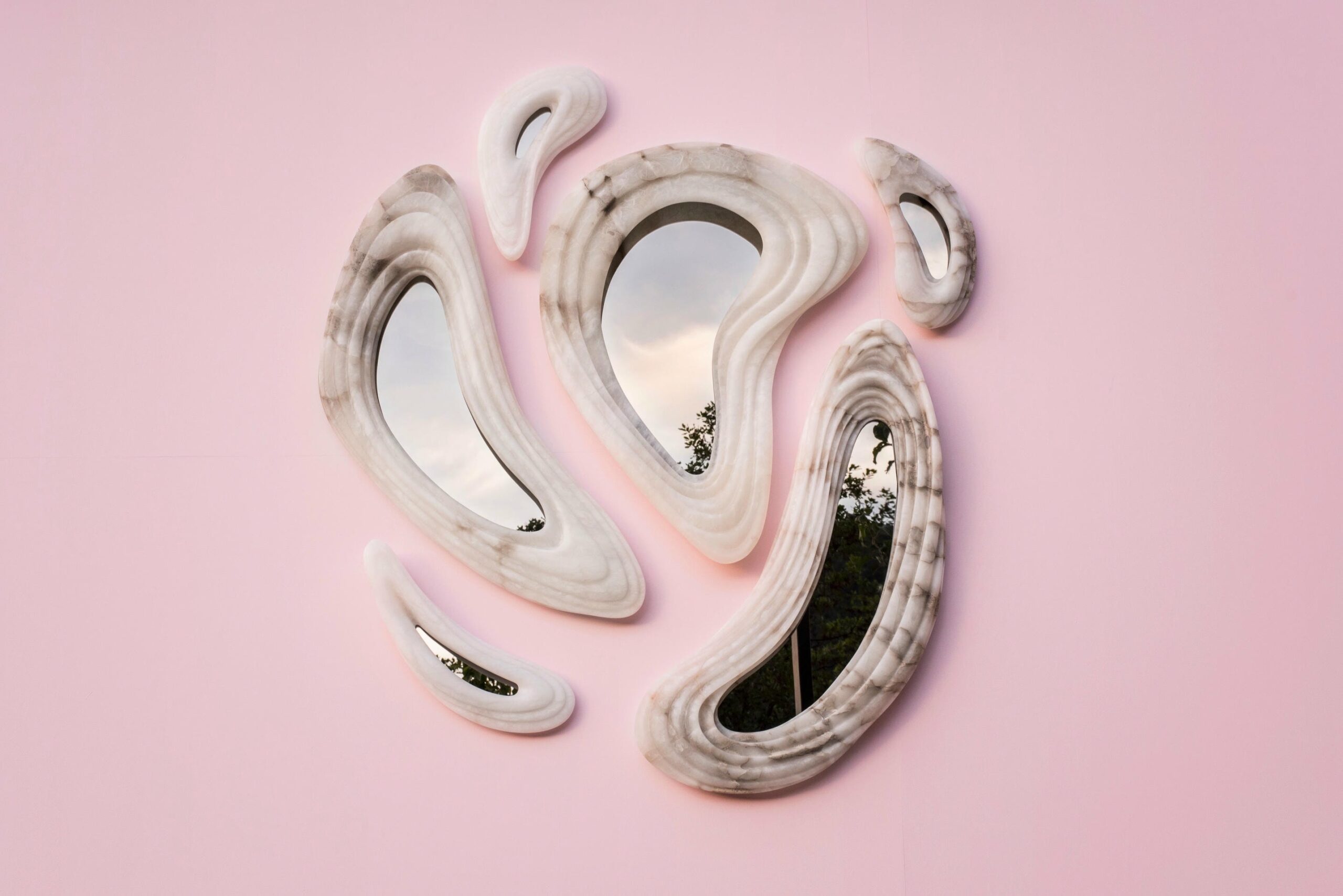 Set Of 6 Aqua Fossil Wall Mirrors in Alabaster & Glass Mirror by Amarist Studio 2