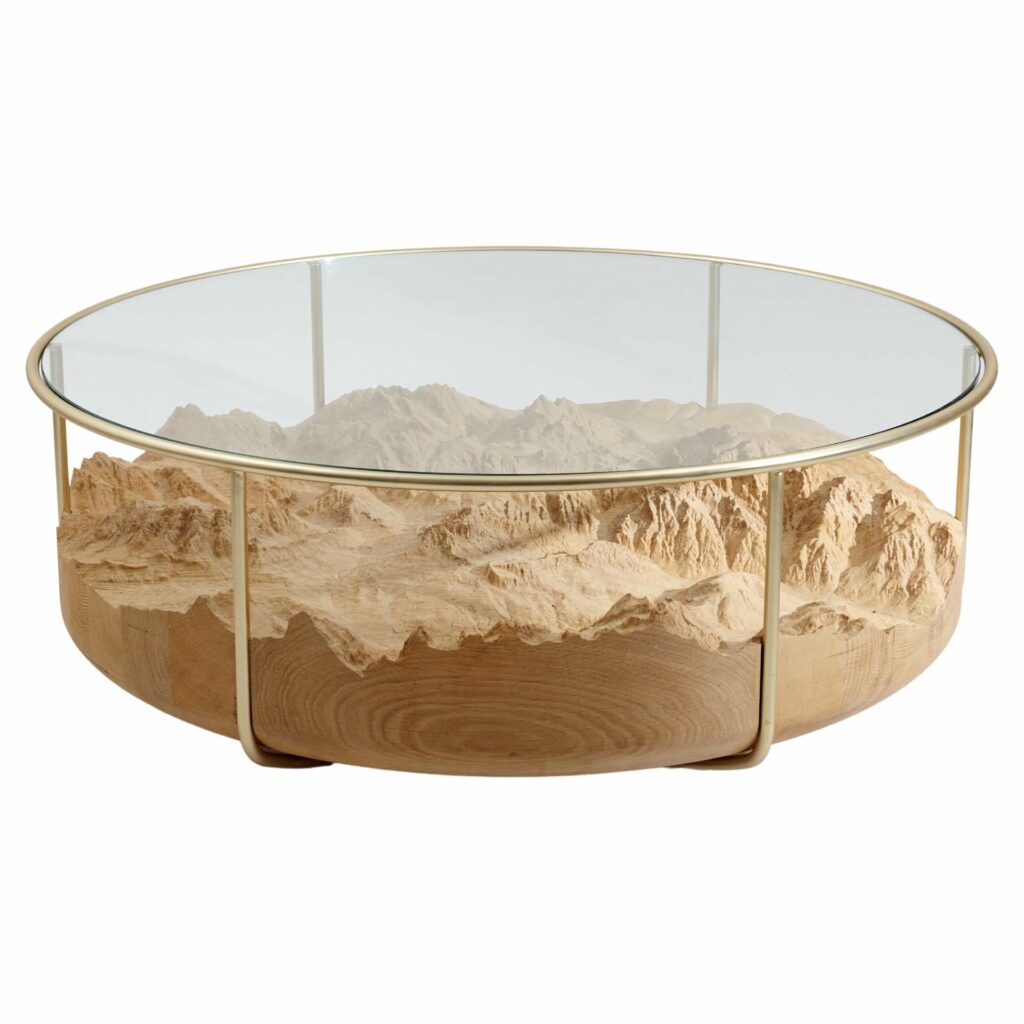 Transparent Glass Coffee Table in Cherry Wood & Brass Frame by DOLOMITISCH 1