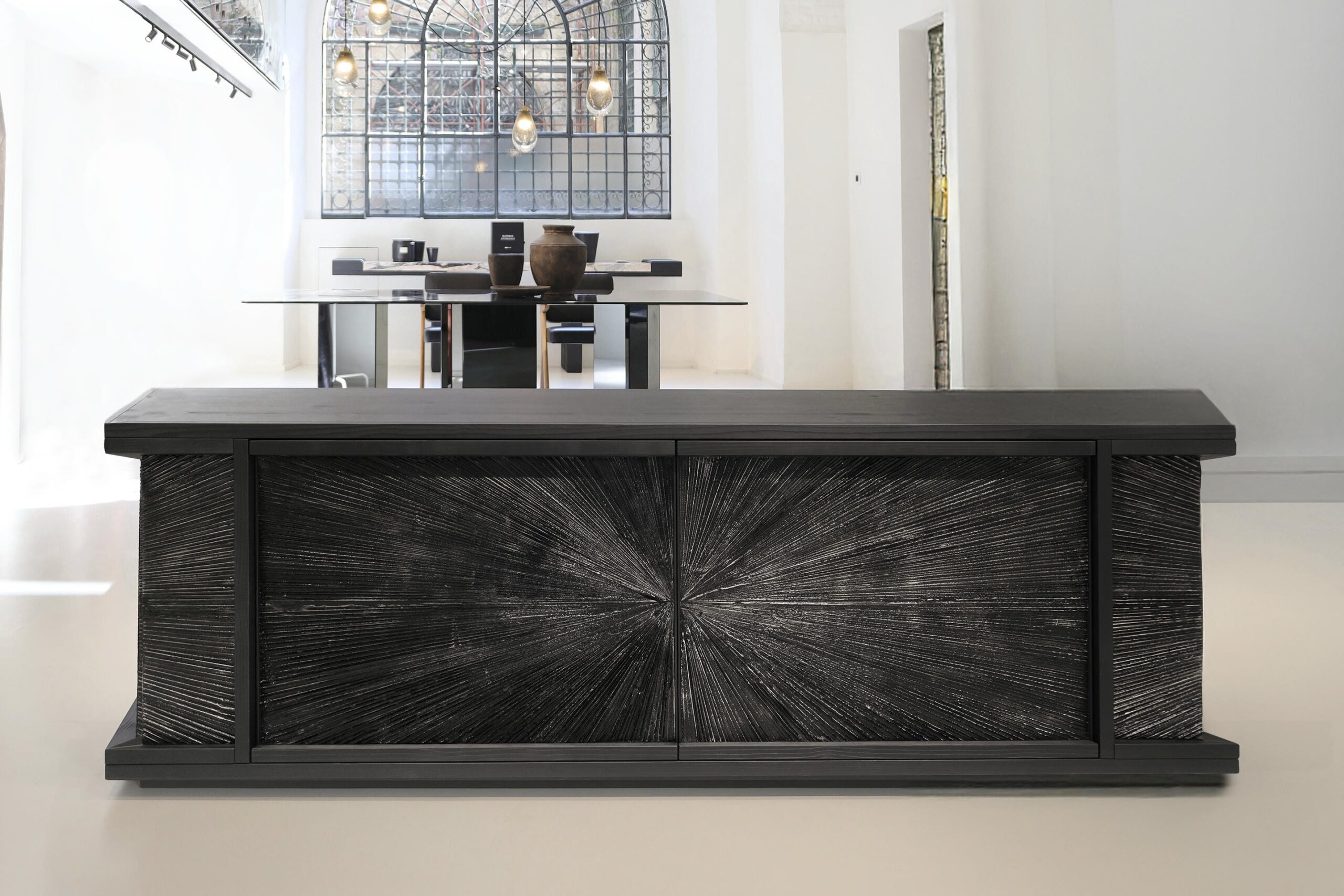 Black Sun Hole Console in Patinated Aluminum & Stained Fir Wood by Alex Turco 2