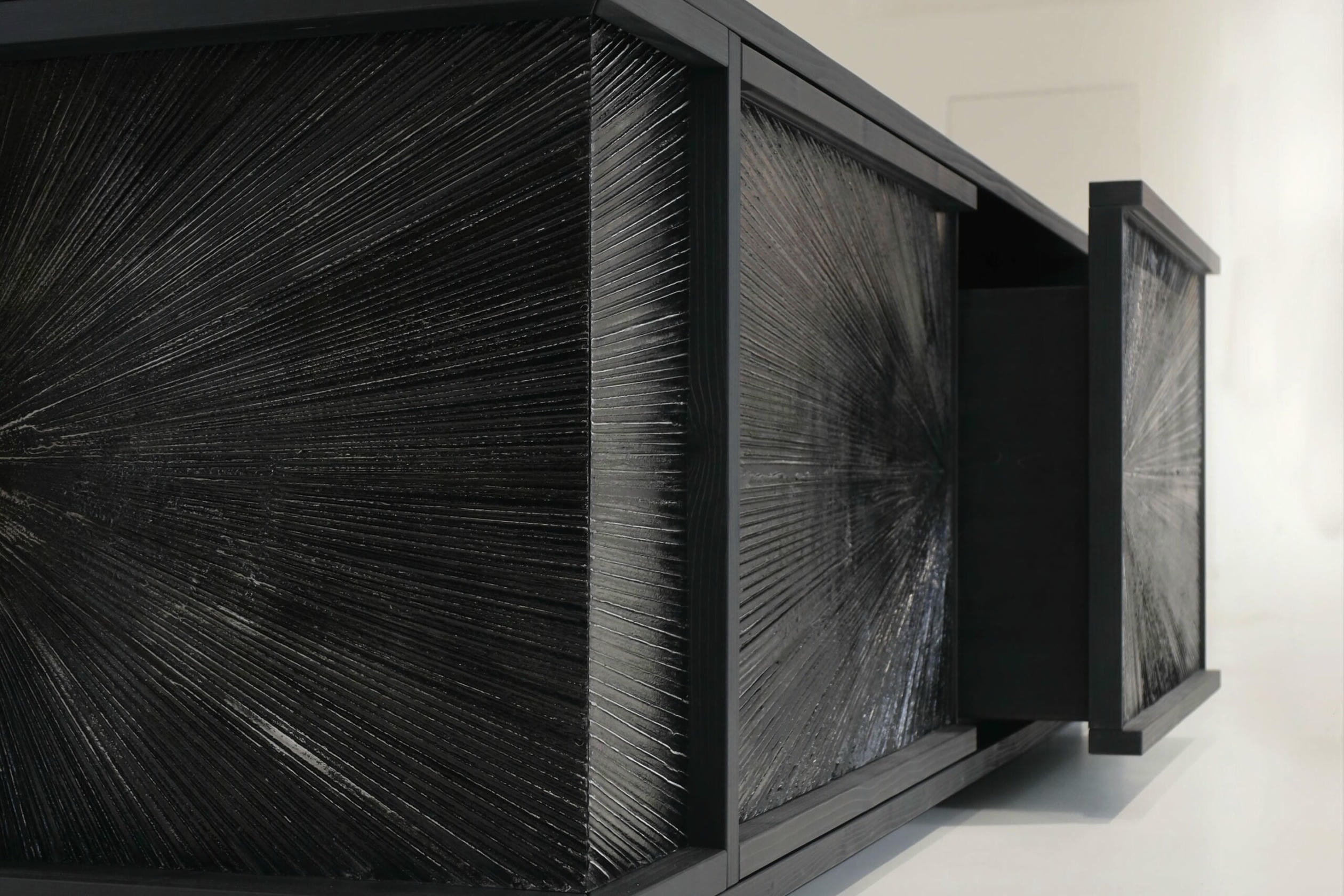 Black Sun Hole Console in Patinated Aluminum & Stained Fir Wood by Alex Turco 3