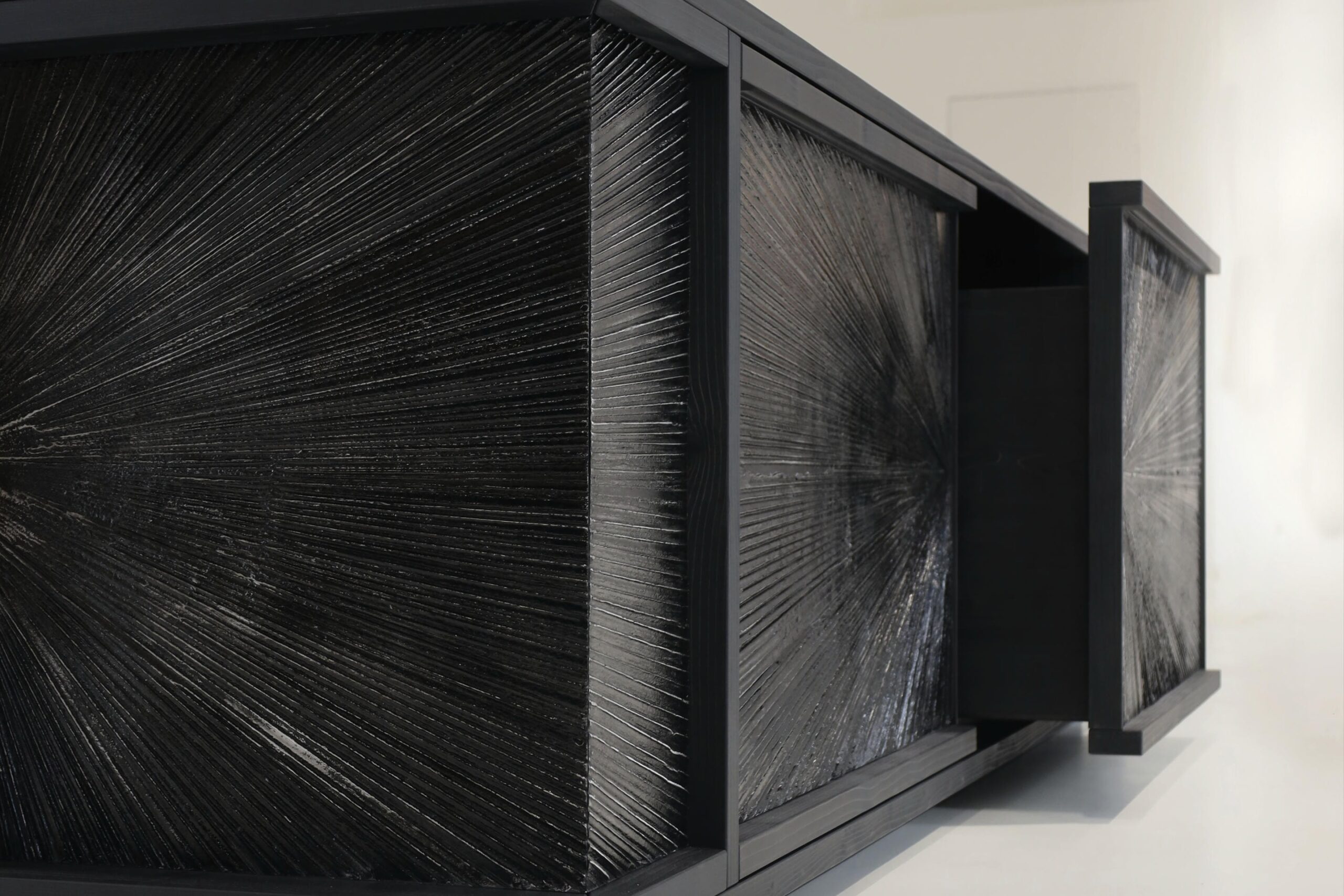 Black Sun Hole Console in Patinated Aluminum & Stained Fir Wood by Alex Turco 3