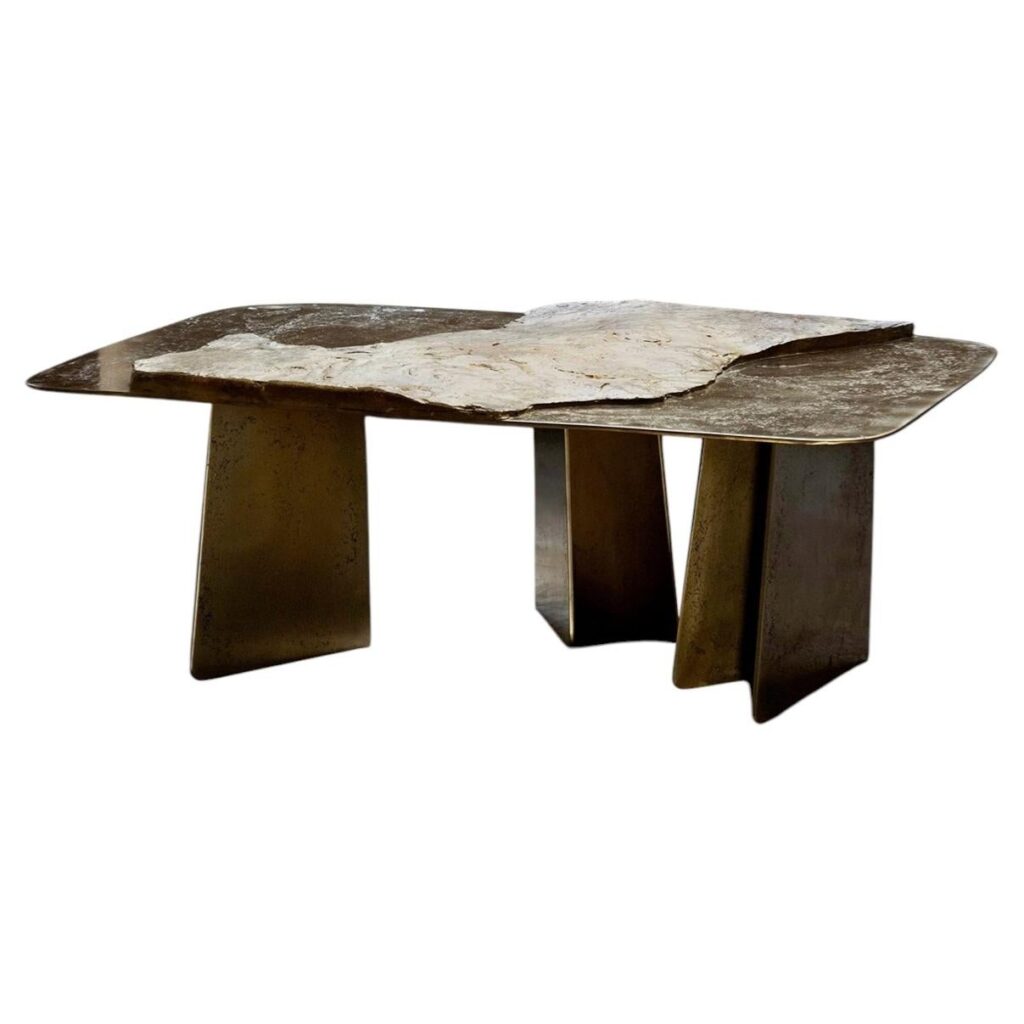 Stoneage One Of A Kind Sculptural Coffee Table in Brass Marble by Alex Turco 1
