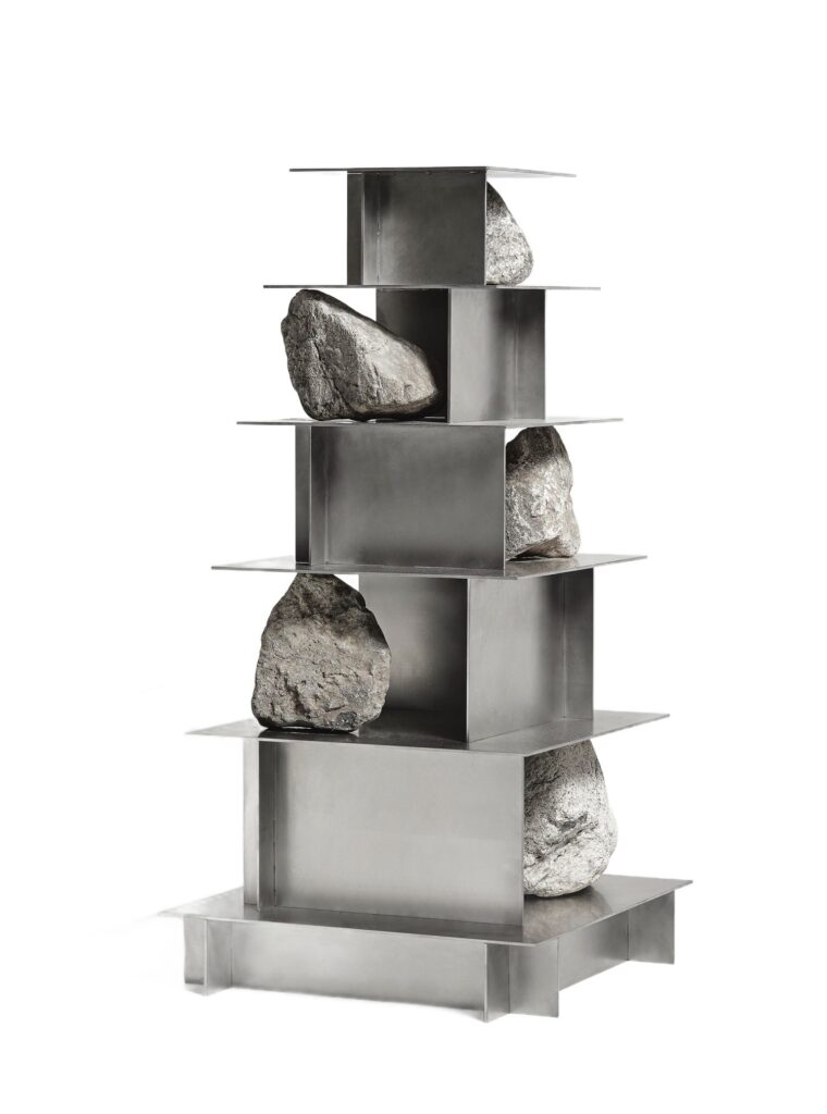 Contemporary Five Level Stainless Steel Shelf with Natural Stones by Lee Sisan 1