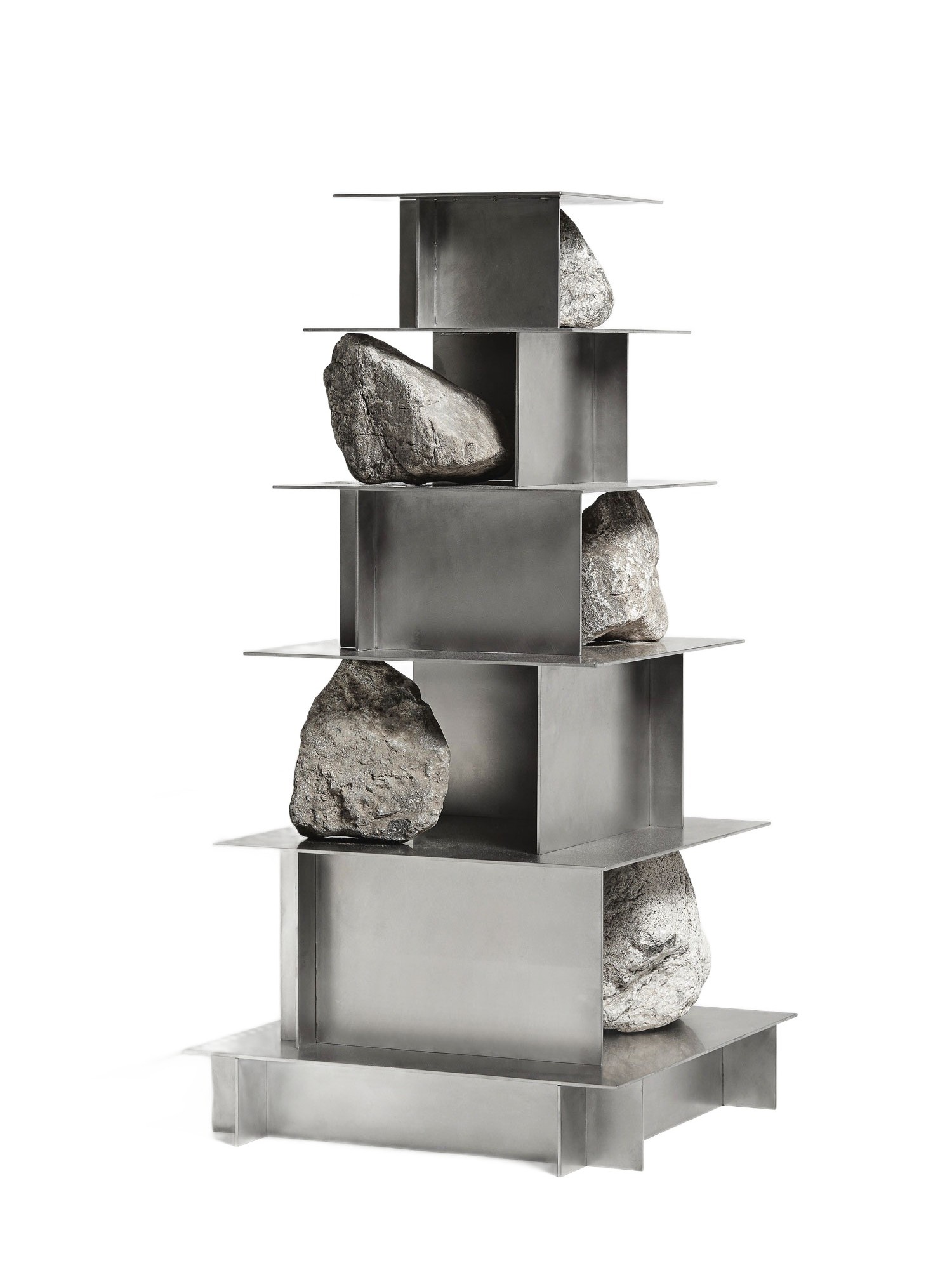 Contemporary Five Level Stainless Steel Shelf with Natural Stones by Lee Sisan 1