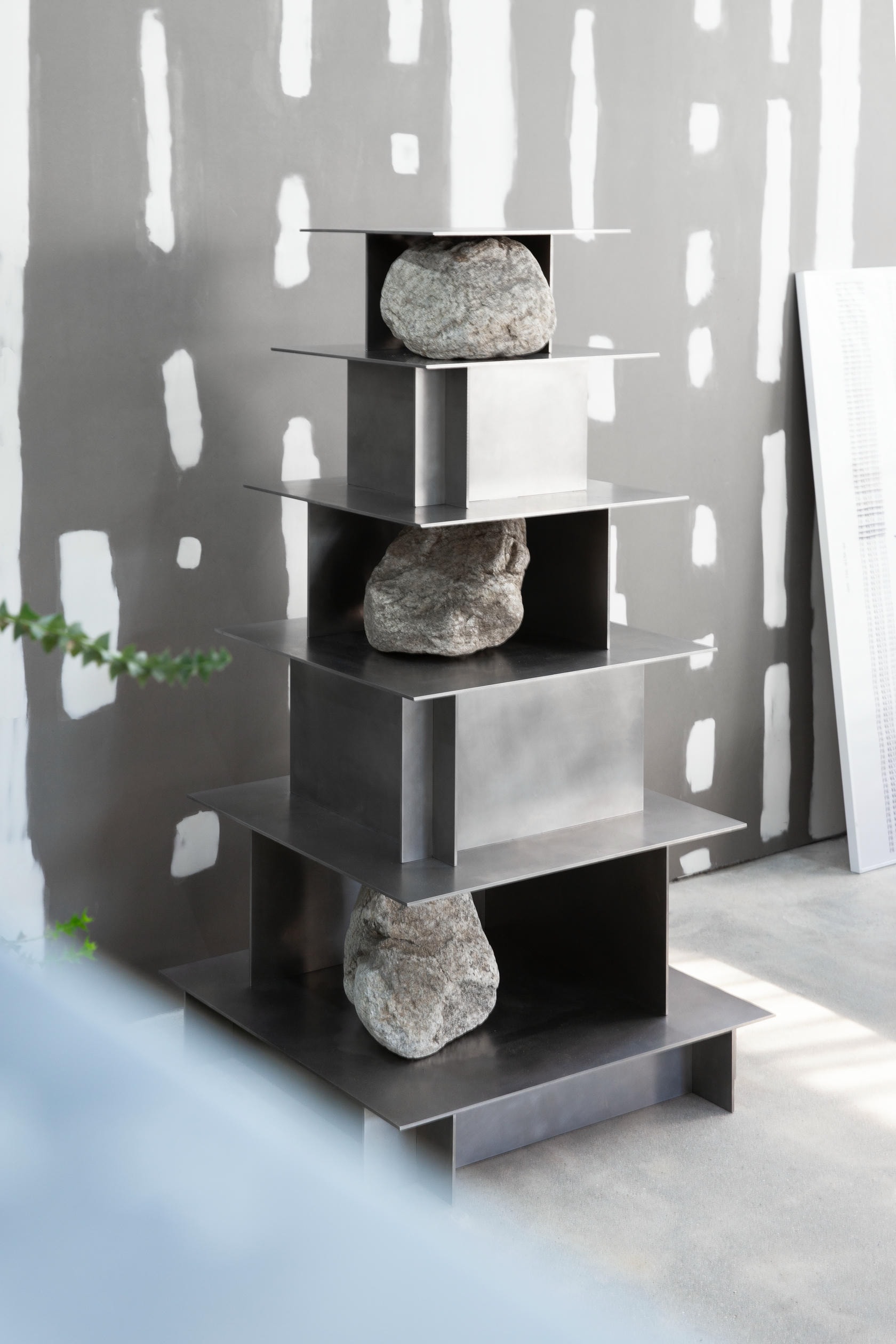 Contemporary Five Level Stainless Steel Shelf with Natural Stones by Lee Sisan 2