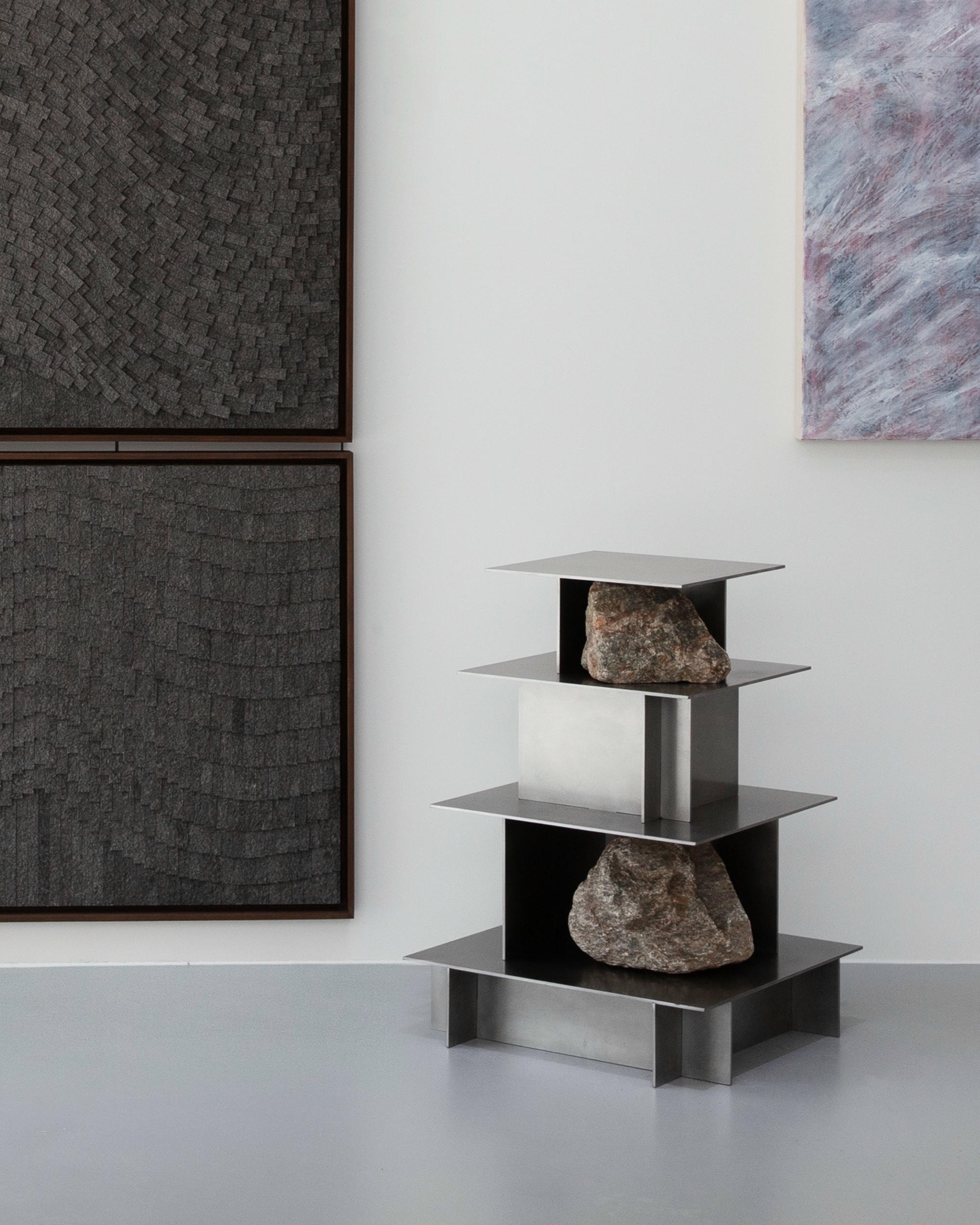 Contemporary Five Level Stainless Steel Shelf with Natural Stones by Lee Sisan 3