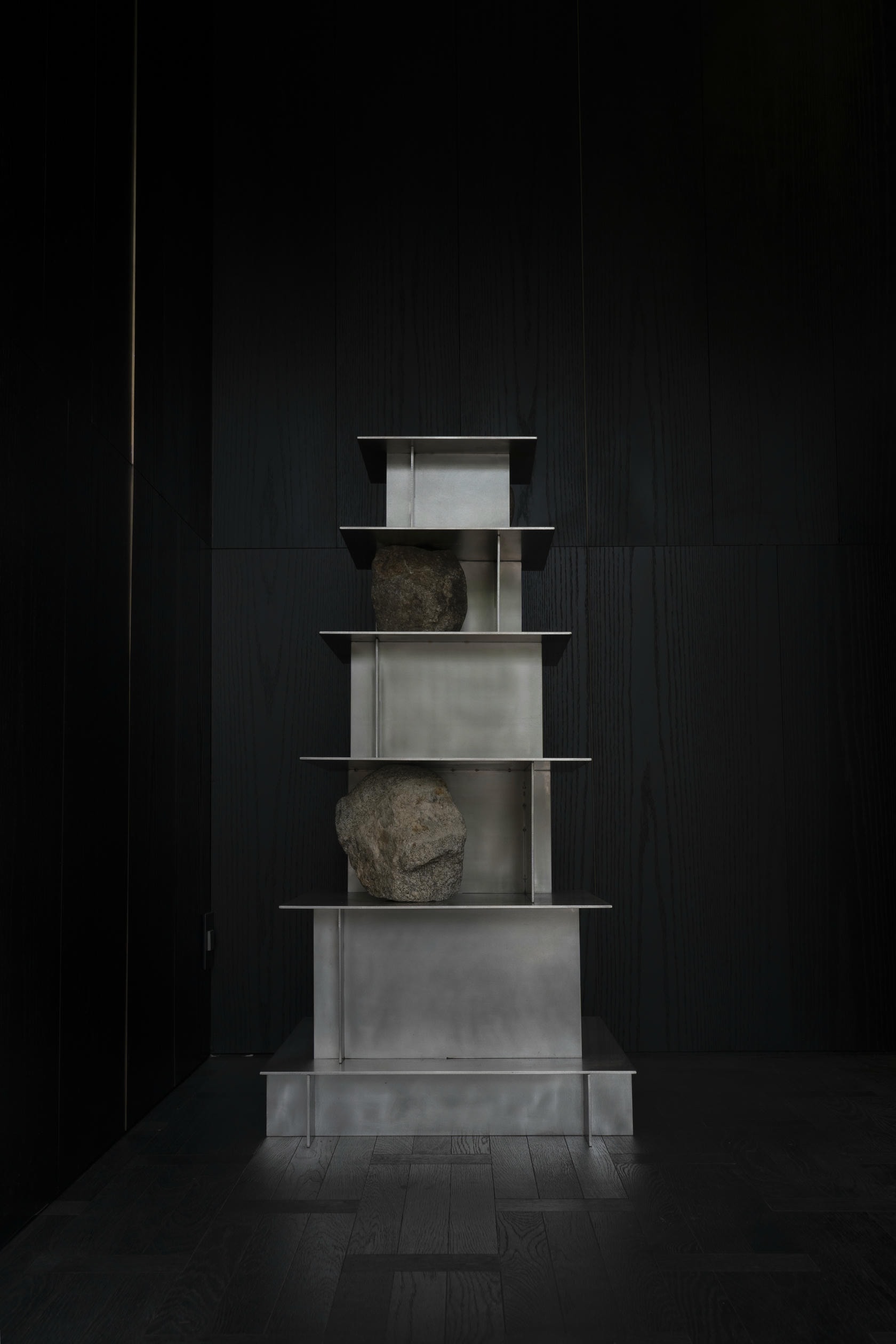 Contemporary Five Level Stainless Steel Shelf with Natural Stones by Lee Sisan 4