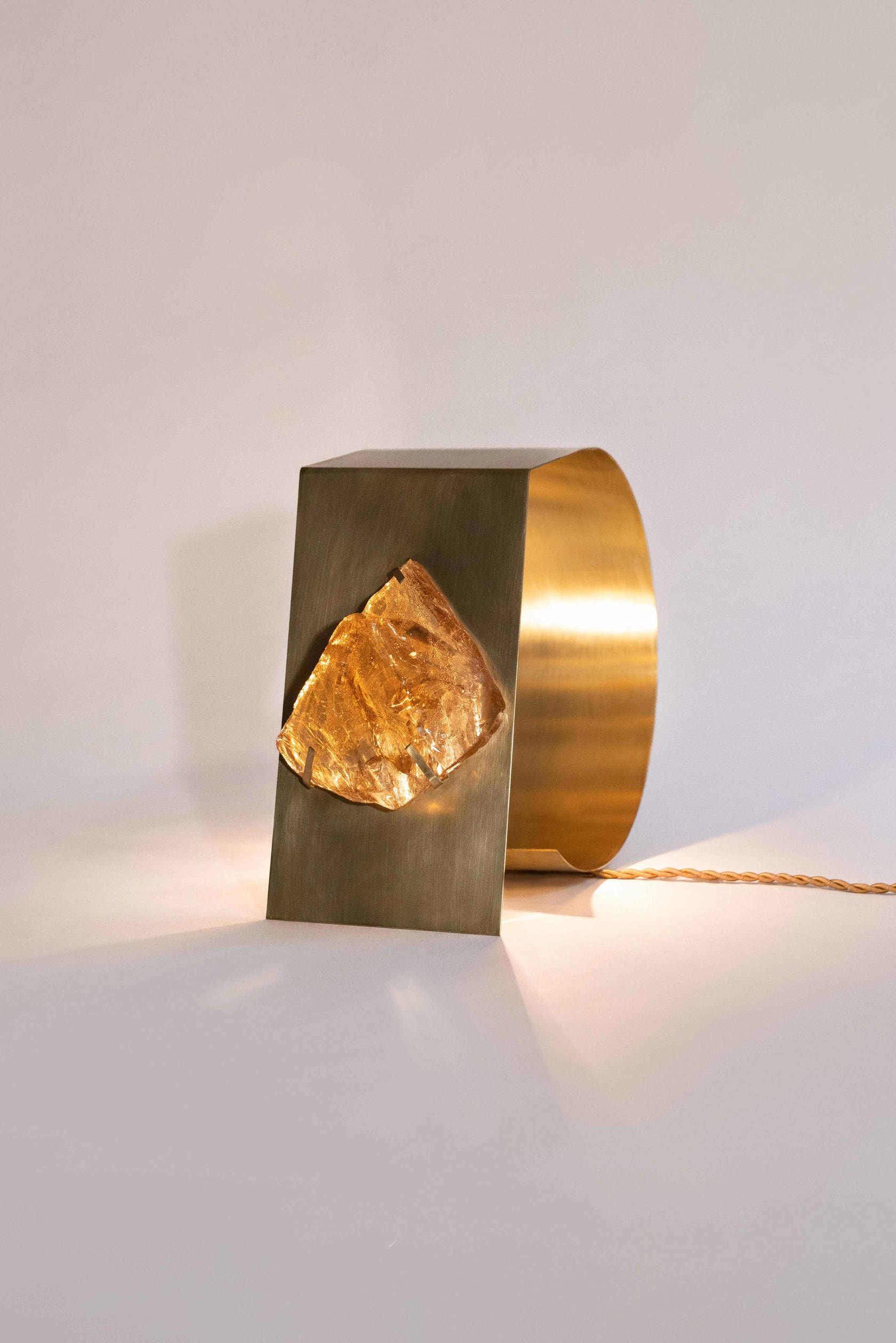 Curved Form, Orange Amber Gem with Satin Brass Table Lamp by Marie Jeunet 3