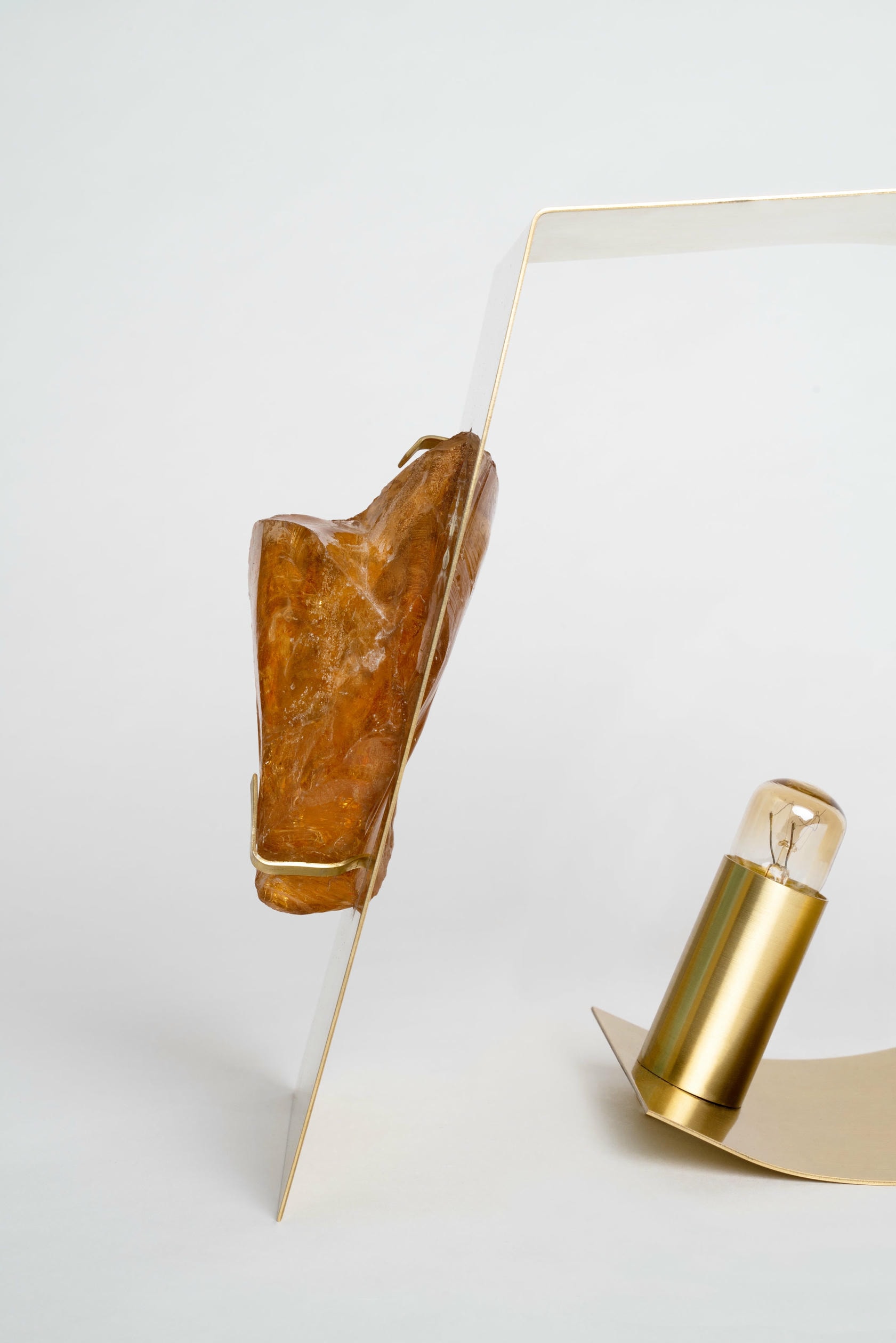 Curved Form, Orange Amber Gem with Satin Brass Table Lamp by Marie Jeunet 5
