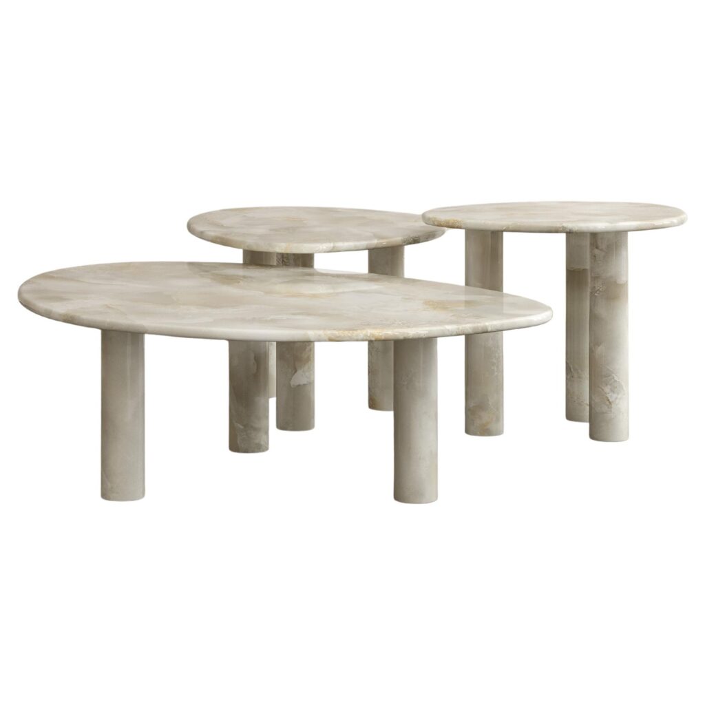 Set of 3 Sunpoet Coffee Tables in Carved Honed Bianco Onyx by Paloma Editions 1