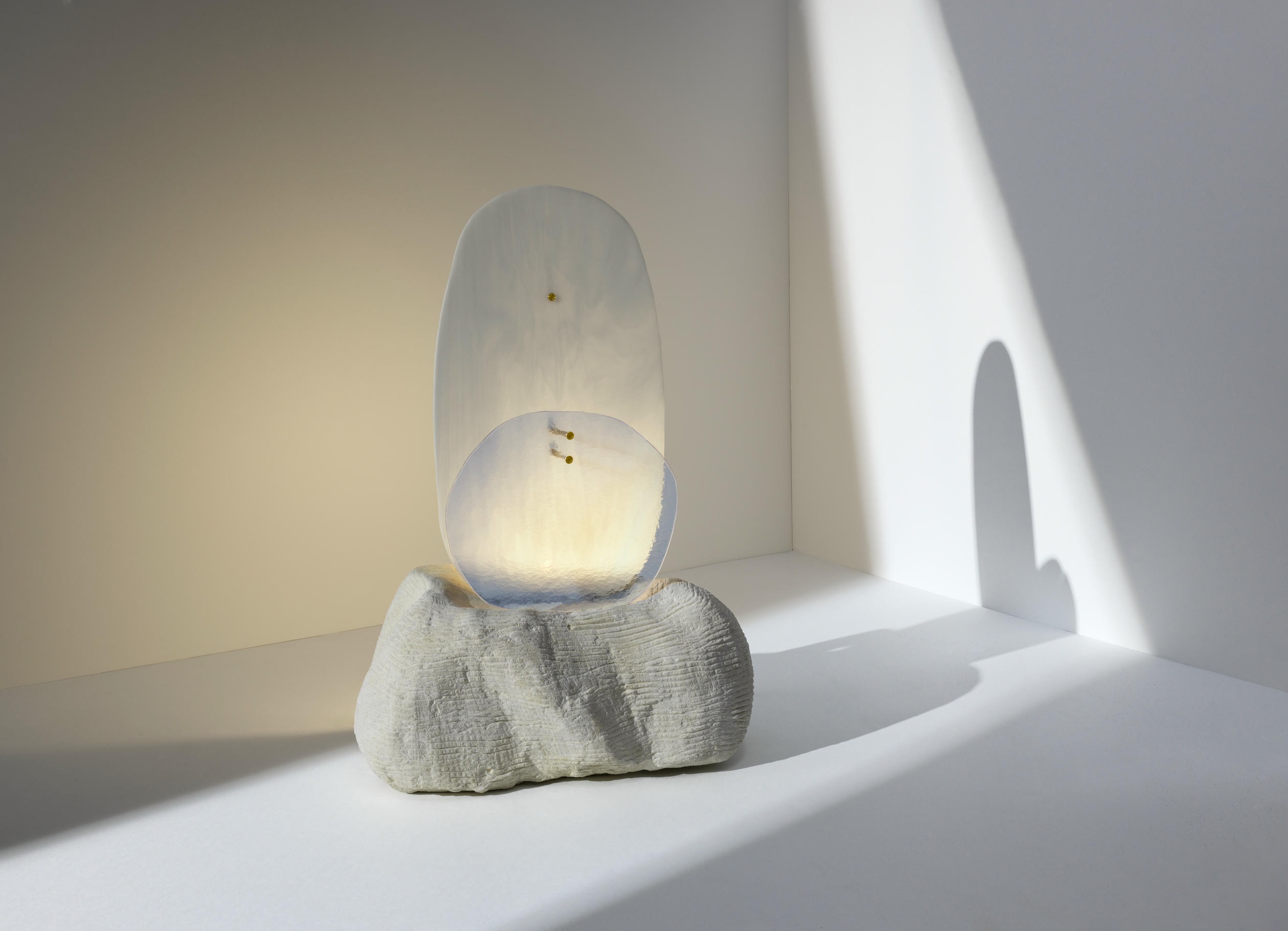 Soft White Translucent Glass and Natural Stone Light Sculpture by Marie Jeunet 4