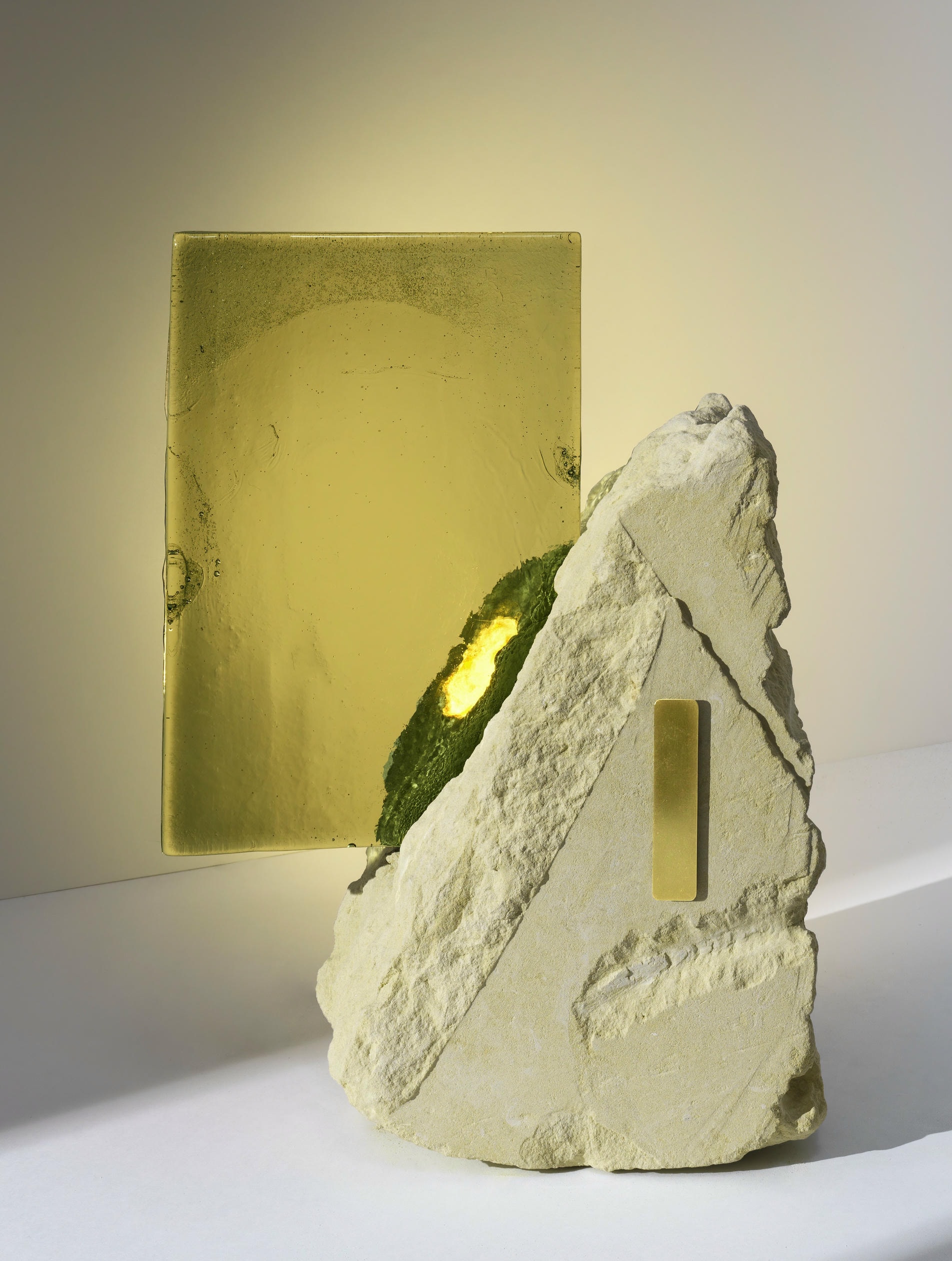 Unique Translucent Green Glass, Stone and Brass Light Sculpture by Marie Jeunet 2