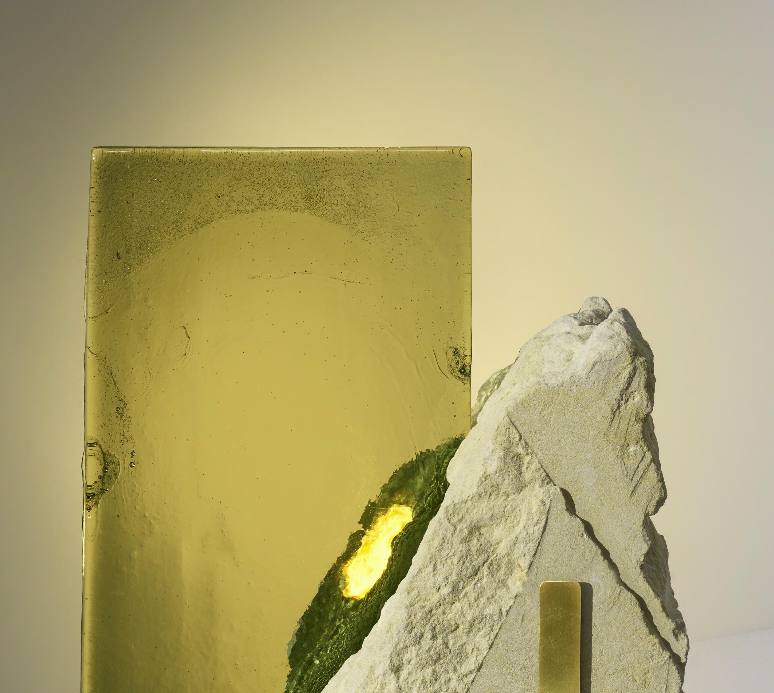 Unique Translucent Green Glass, Stone and Brass Light Sculpture by Marie Jeunet 3