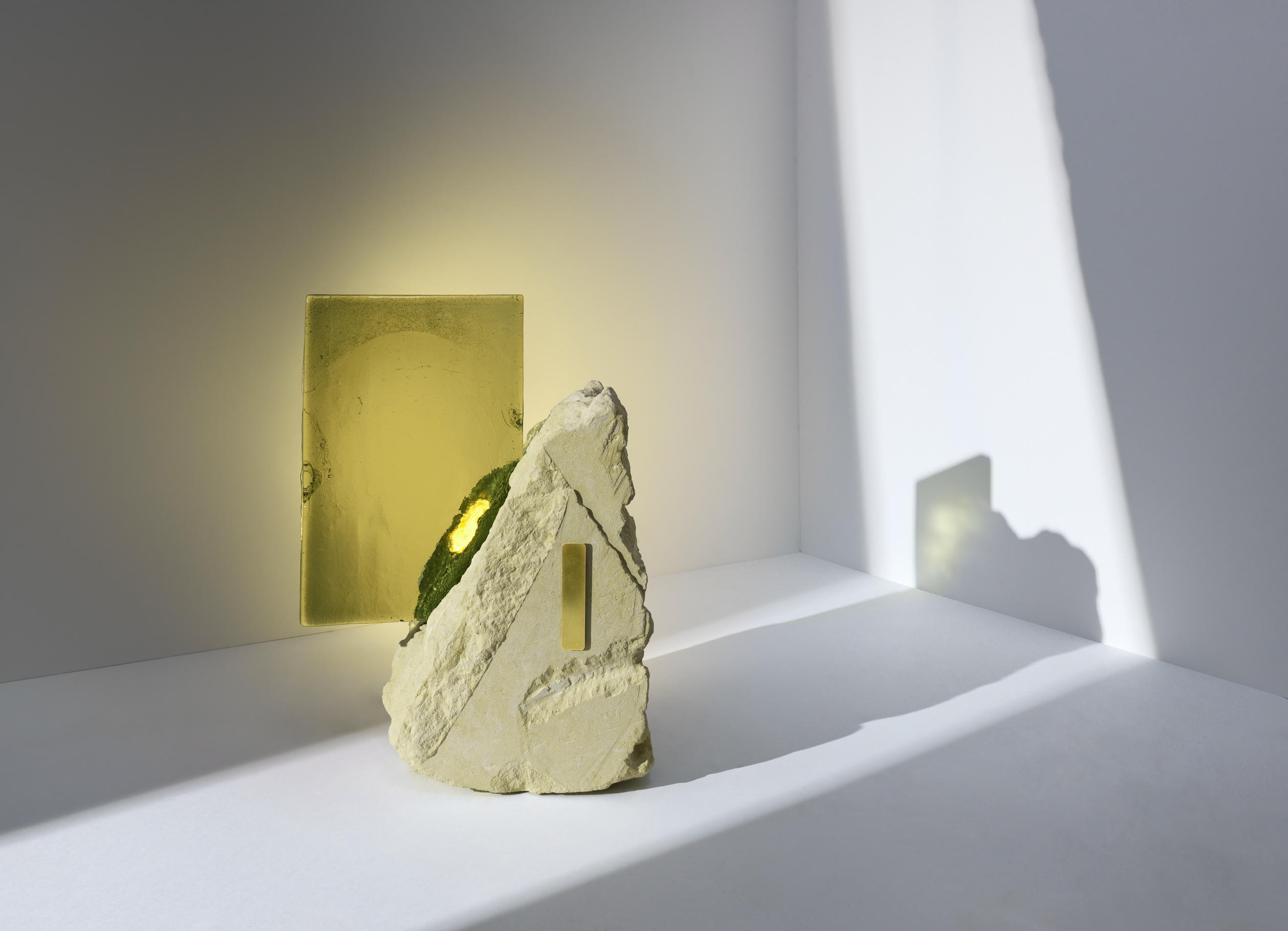 Unique Translucent Green Glass, Stone and Brass Light Sculpture by Marie Jeunet 4