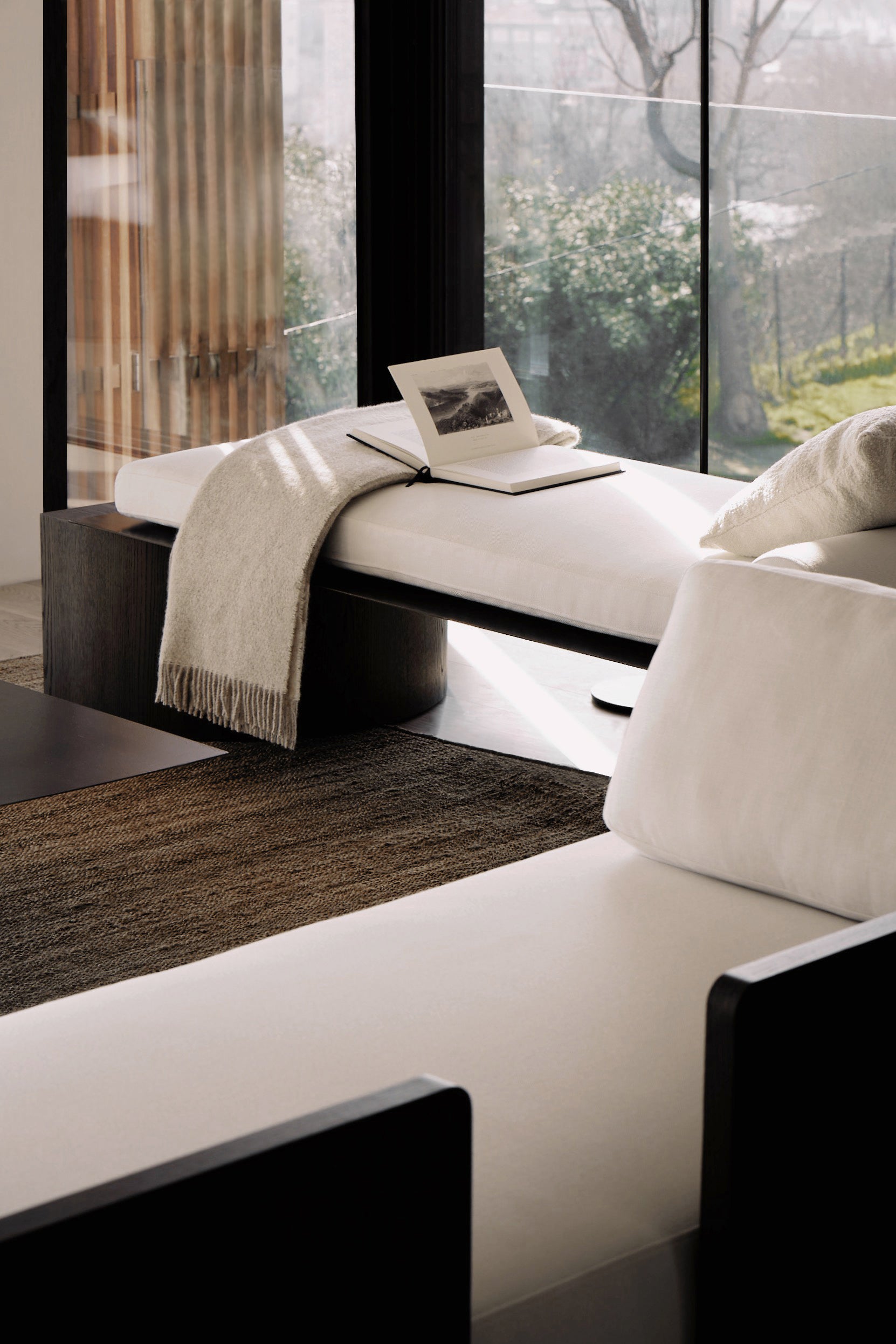 Athena Daybed in Mid Brown Stained Oak Raw Iron Linen Fabric by OZA Design 7