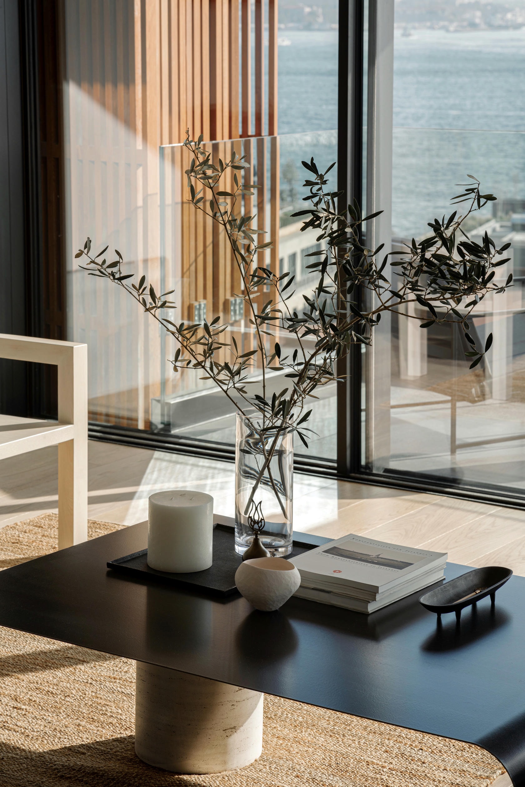 Enyo Coffee Table in Travertine & Blackened Brass by OZA Design 7