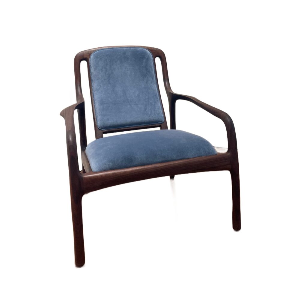 Karnali Armchair in Walnut with Blue Velvet Upholstery by Brian Fireman Design 1