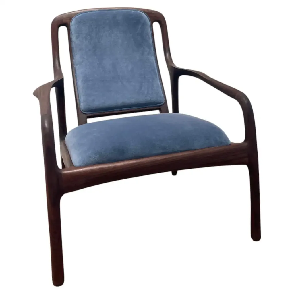Karnali Armchair in Walnut with Blue Velvet Upholstery by Brian Fireman Design 1